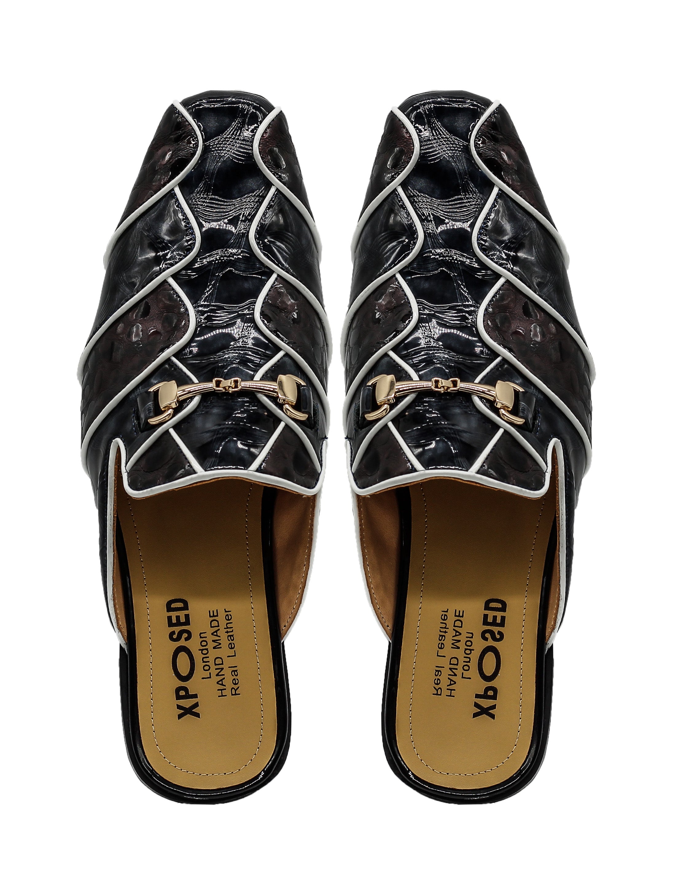 Shiny Black White Real Leather Half Shoes – Gold Buckle