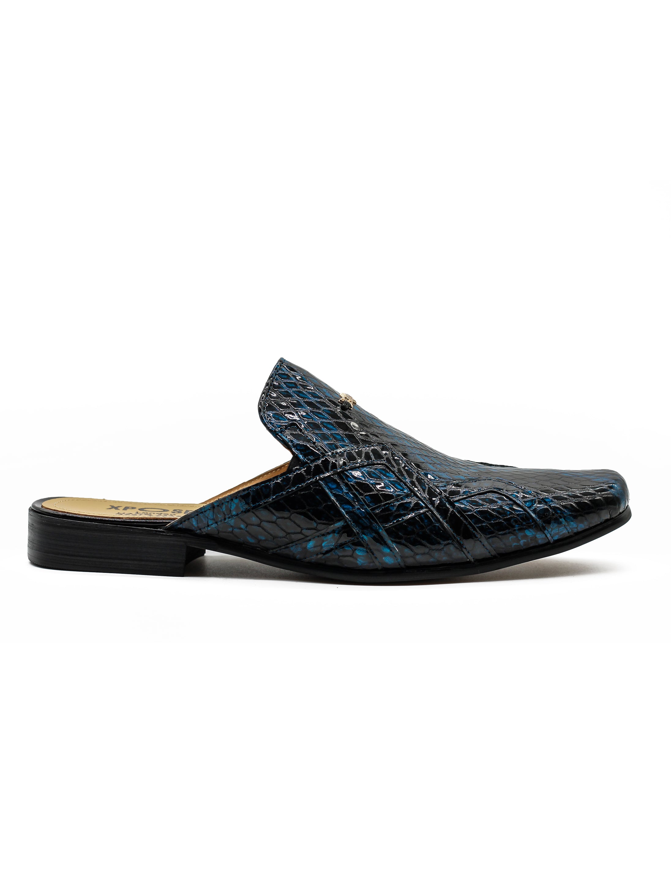 Shiny Patent Real Leather Printed Half Shoes in Blue