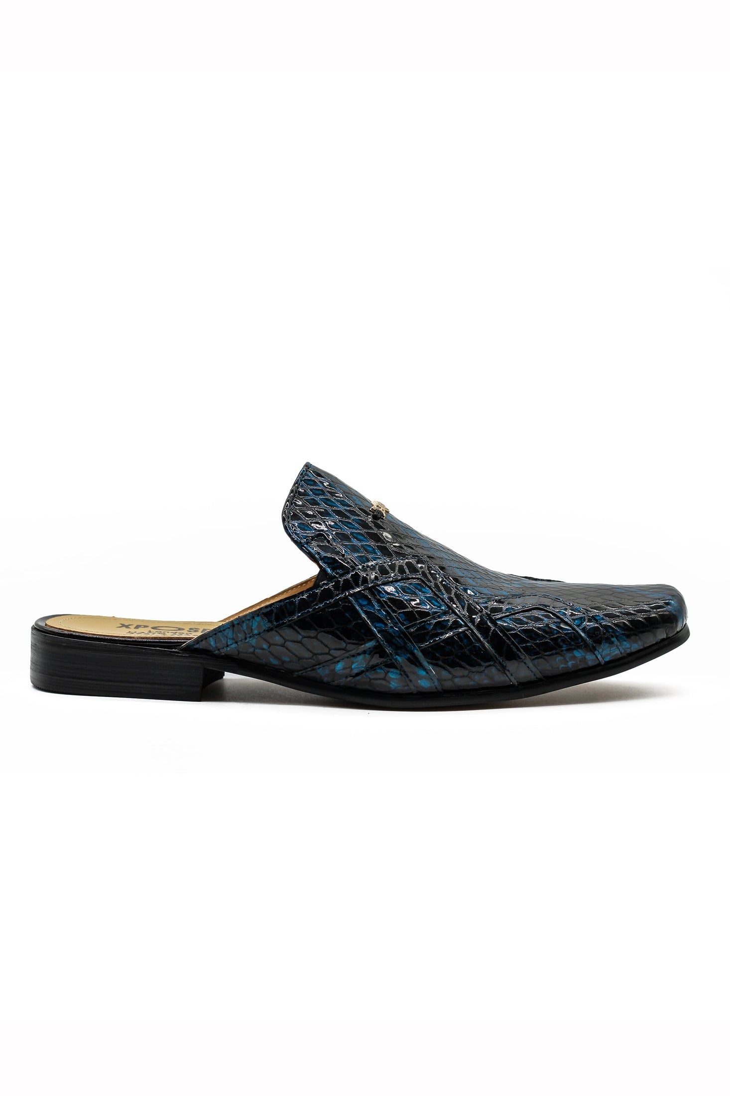 Shiny Patent Real Leather Printed Half Shoes in Blue