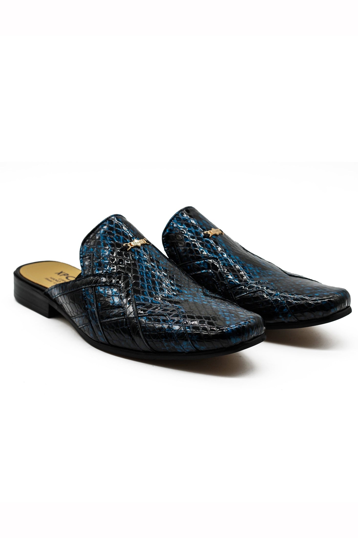 Shiny Patent Real Leather Printed Half Shoes in Blue