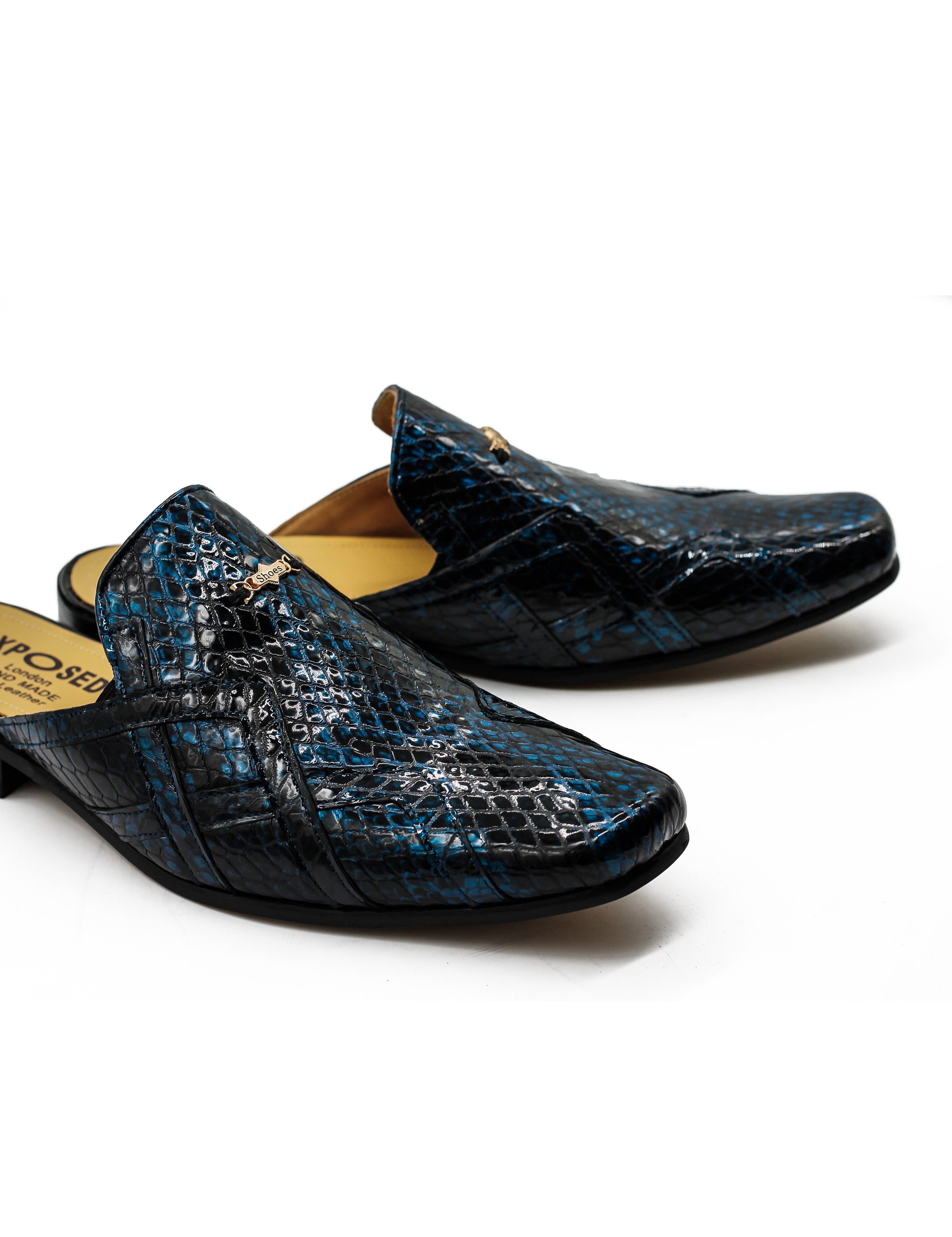 Shiny Patent Real Leather Printed Half Shoes in Blue
