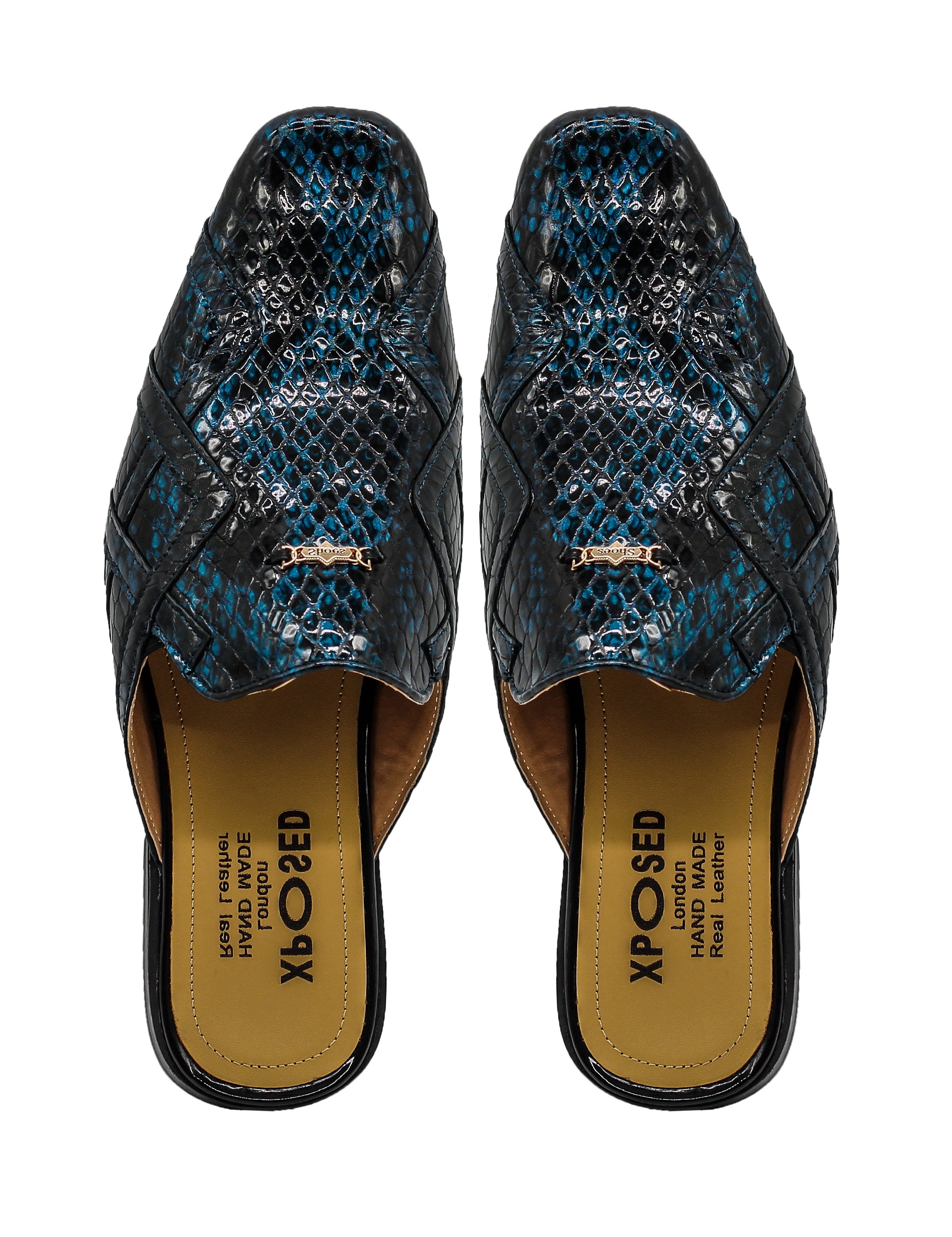 Shiny Patent Real Leather Printed Half Shoes in Blue