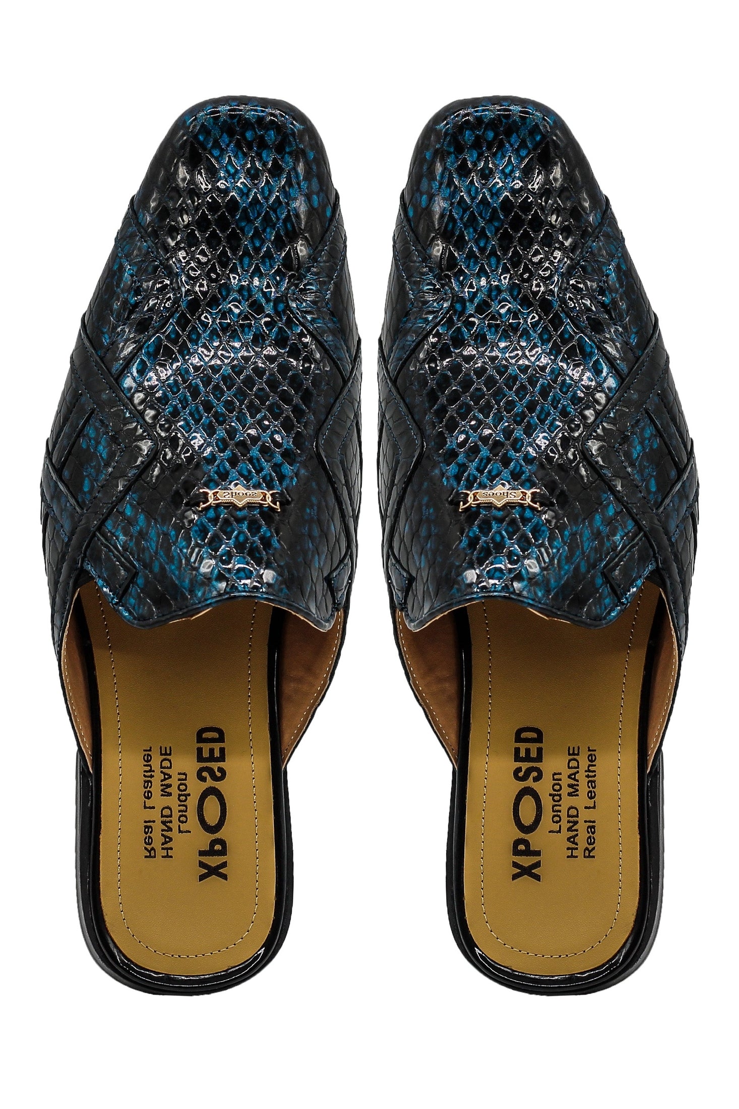 Shiny Patent Real Leather Printed Half Shoes in Blue