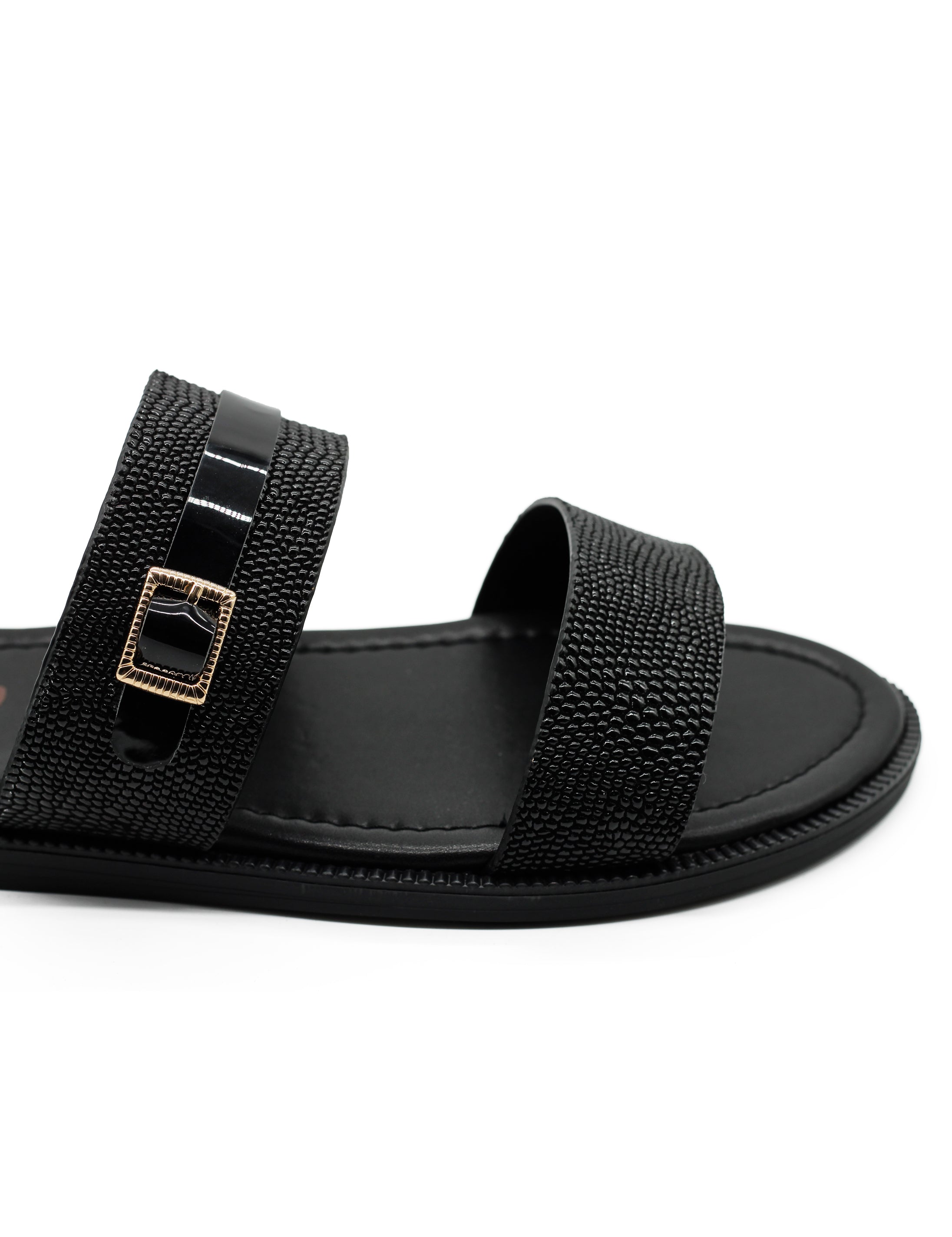 Black Shiny Real Leather Strap Sandals