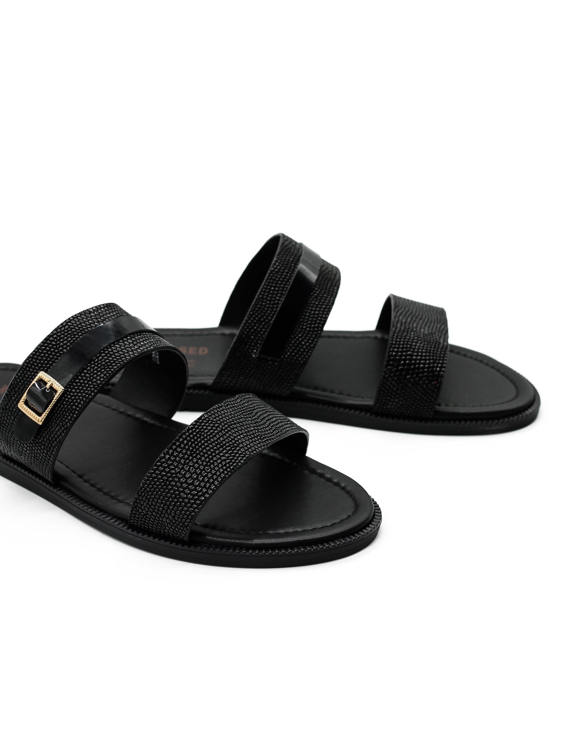 Black Shiny Real Leather Strap Sandals