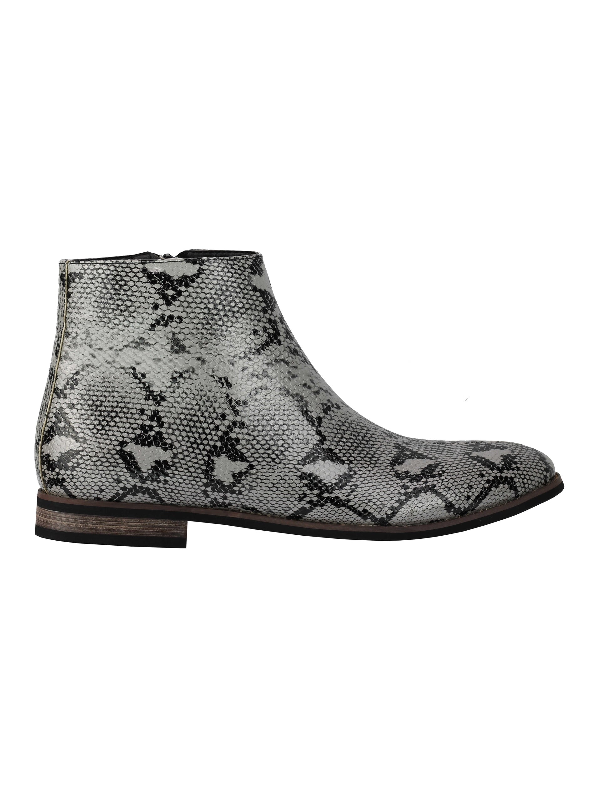 MENS FAUX LEATHER SHINY SNAKE SKIN PRINT ANKLE BOOTS ZIP ON CHELSEA DEALER SHOES