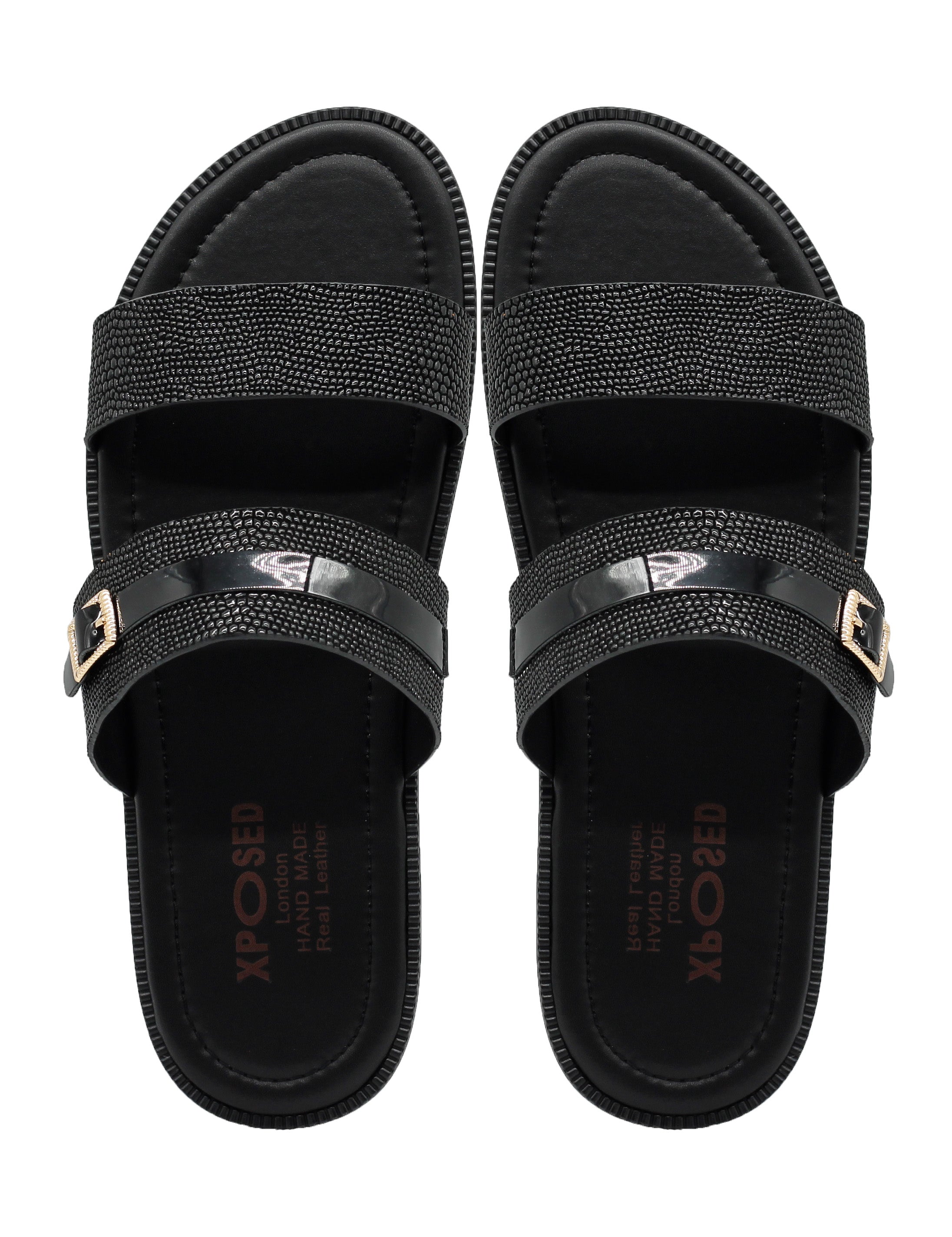 Black Shiny Real Leather Strap Sandals