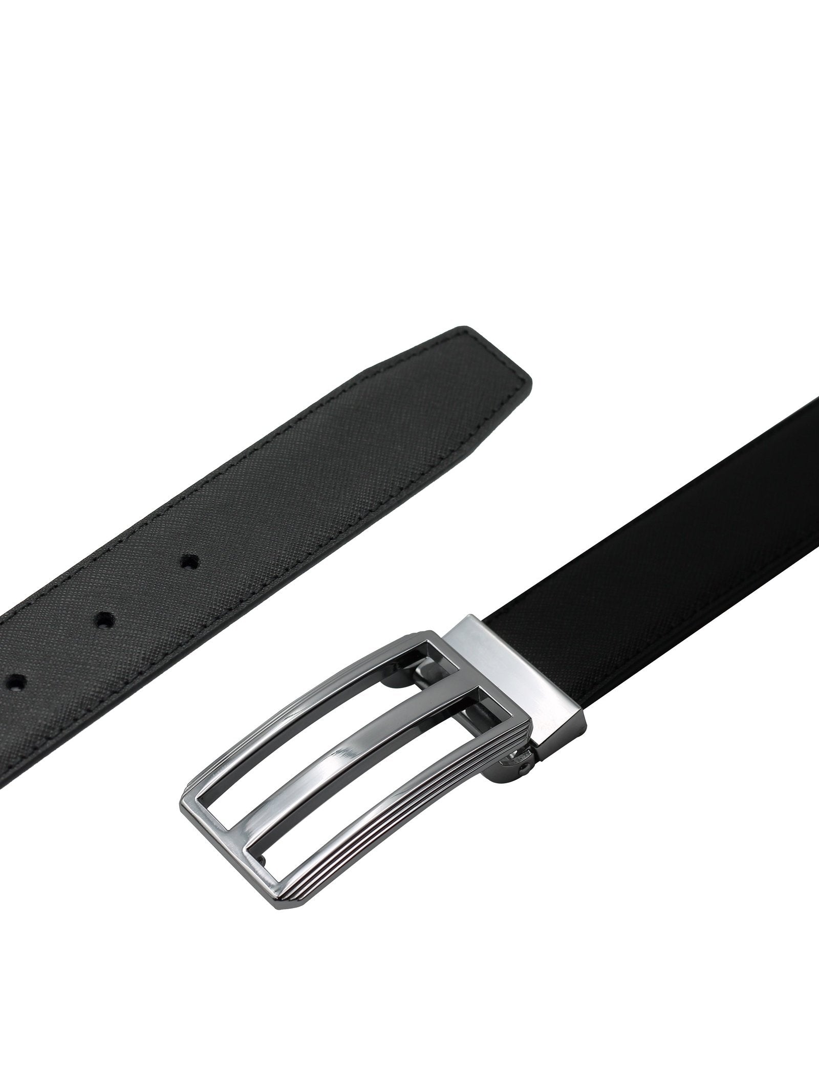BLACK TEXTURED LEATHER PIN BUCKLE REVERSIBLE BELT