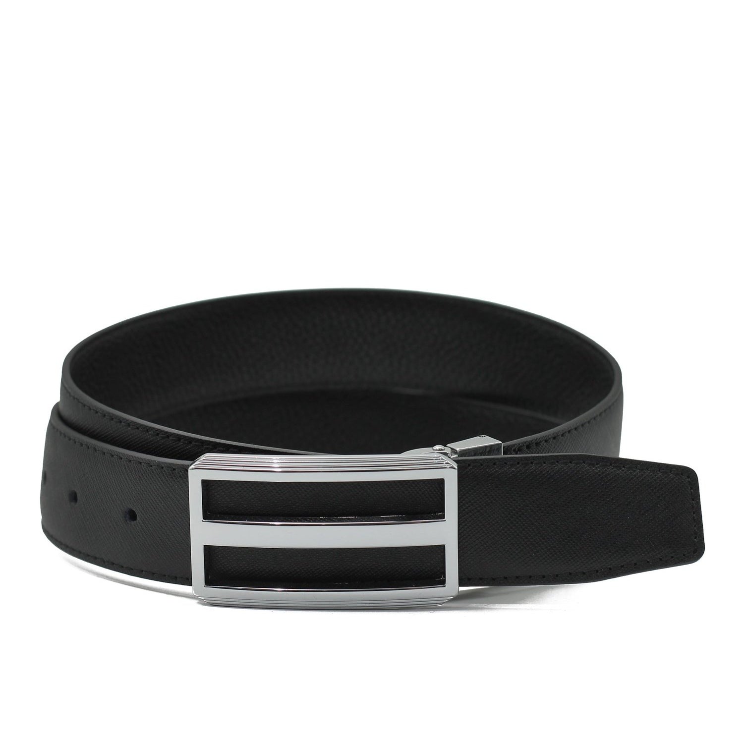 BLACK TEXTURED LEATHER PIN BUCKLE REVERSIBLE BELT