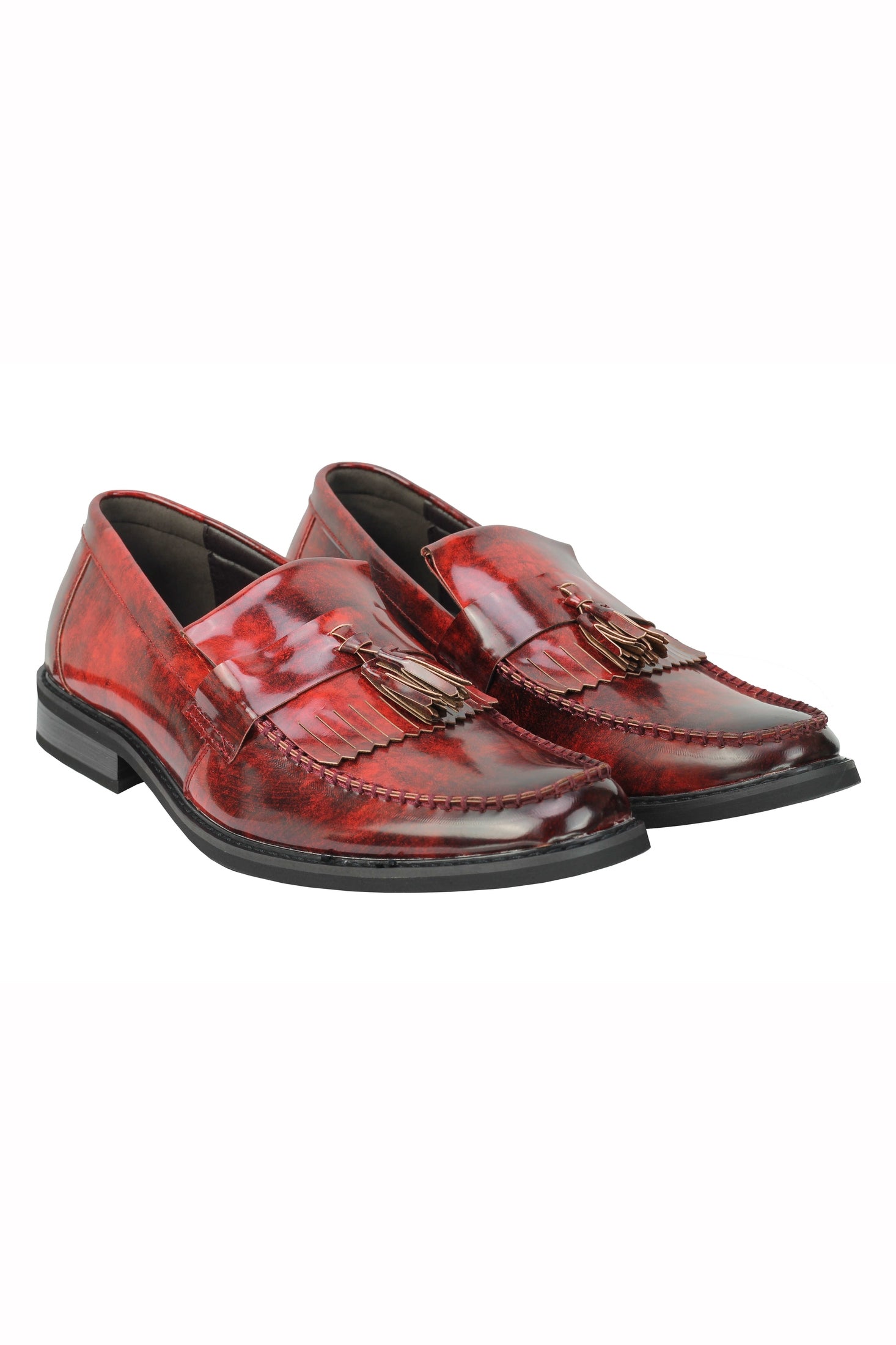 MENS VINTAGE POLISHED LEATHER TASSEL LOAFERS RETRO MOD SHOES IN OXBLOOD, BLACK