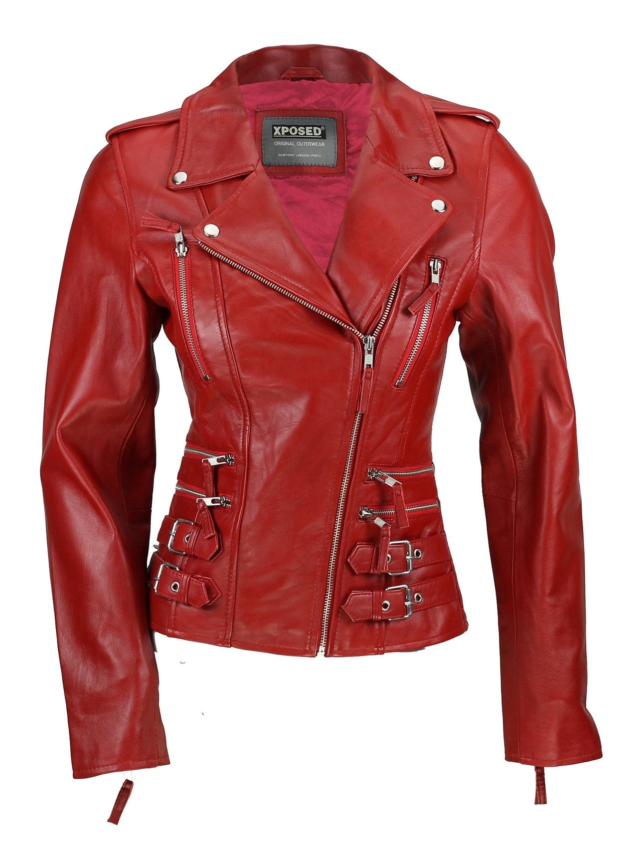 Red Real Leather Fitted Vintage Biker Style Zip Buckle Jacket