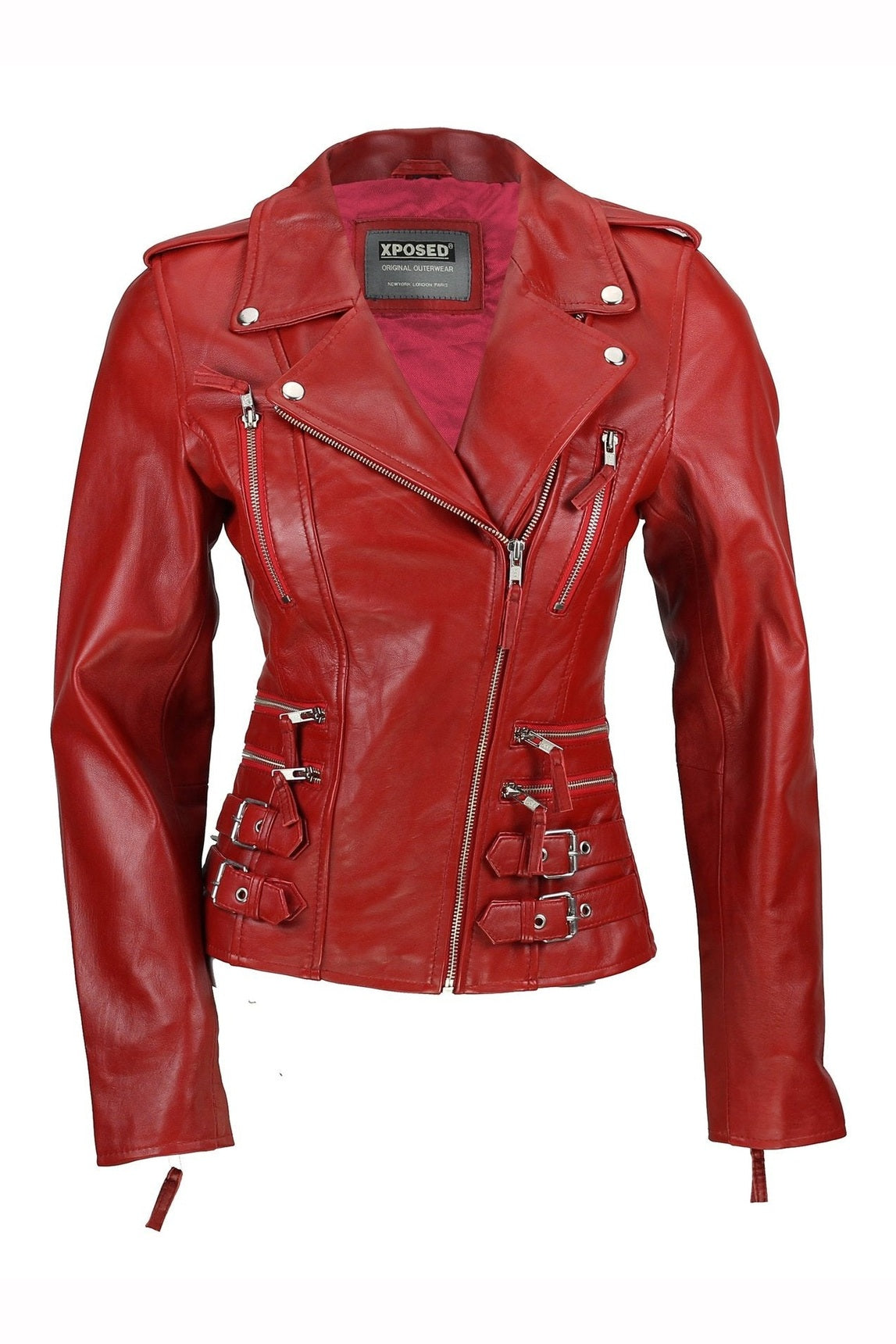 Red Real Leather Fitted Vintage Biker Style Zip Buckle Jacket