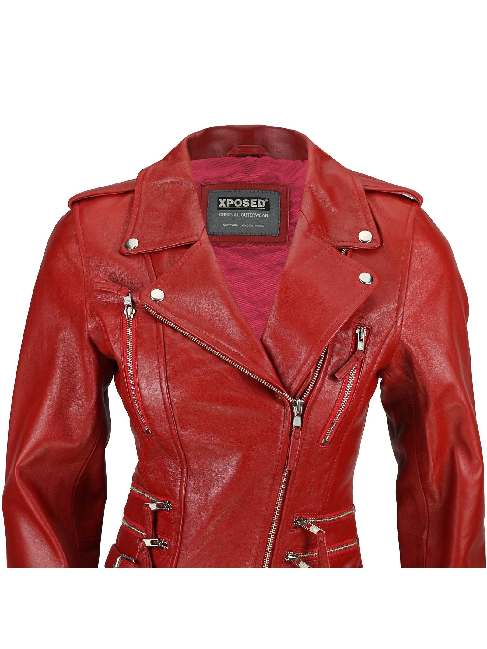 Red Real Leather Fitted Vintage Biker Style Zip Buckle Jacket