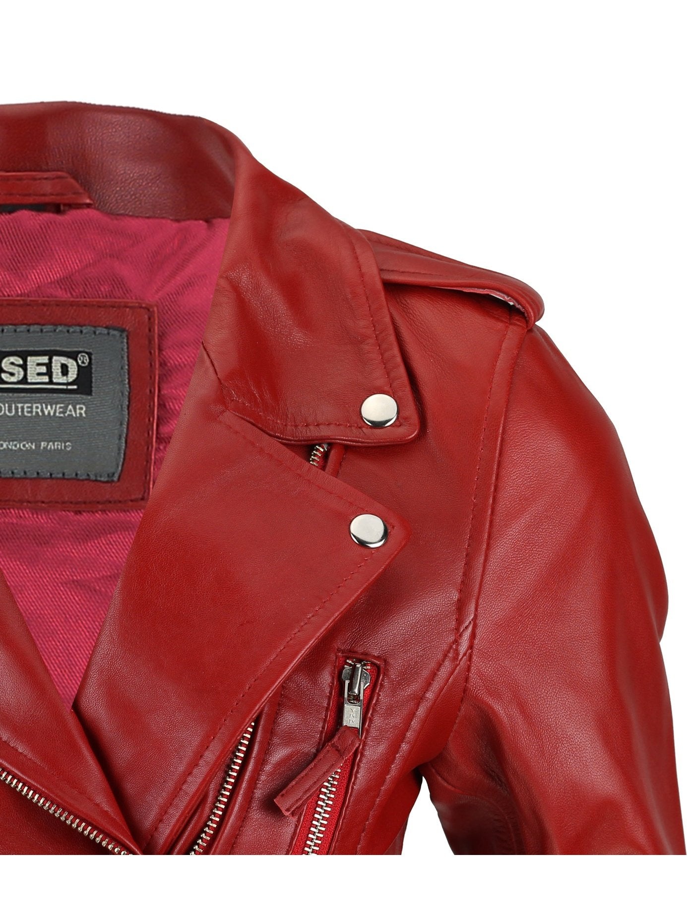 Red Real Leather Fitted Vintage Biker Style Zip Buckle Jacket