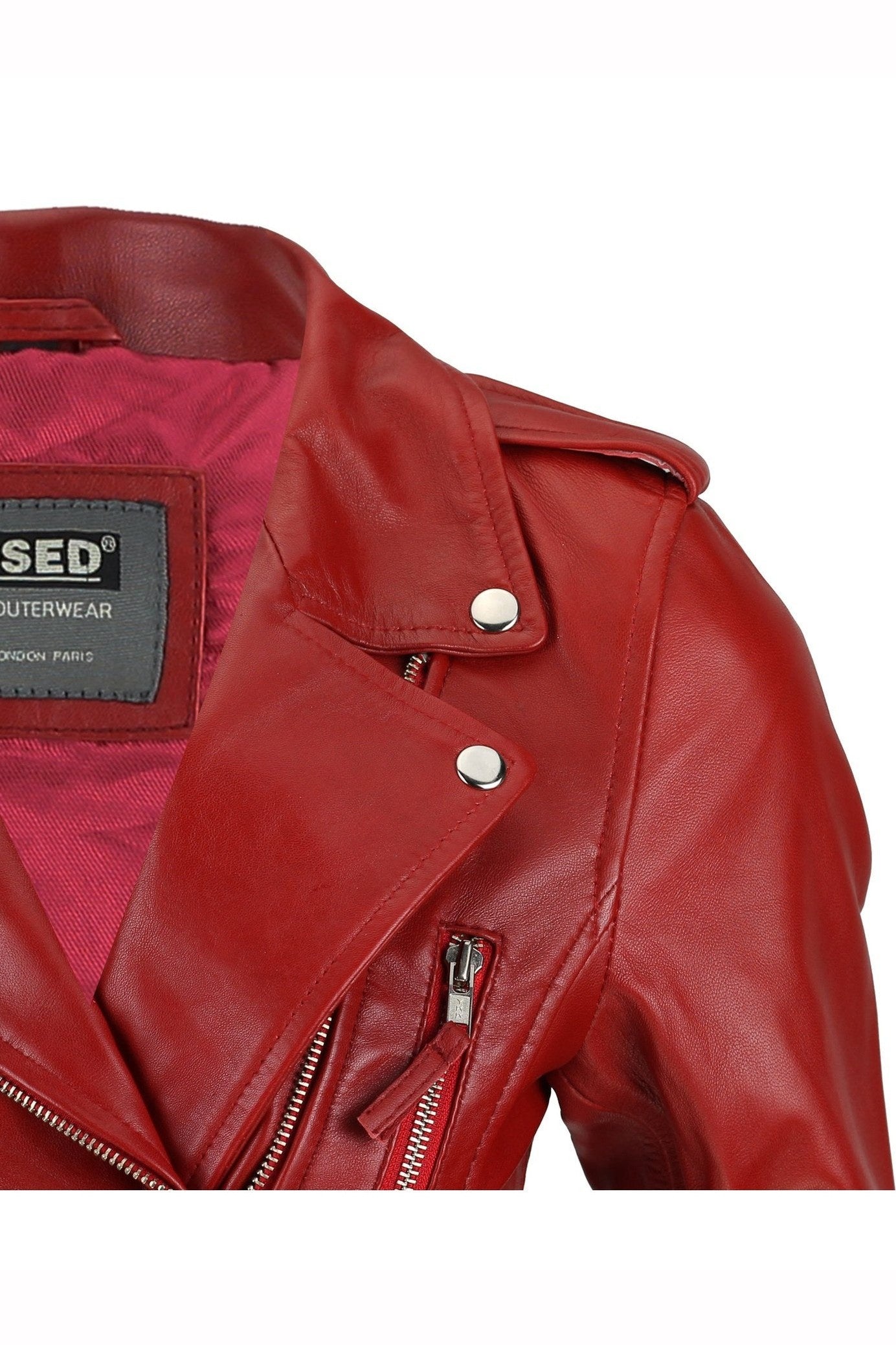 Red Real Leather Fitted Vintage Biker Style Zip Buckle Jacket