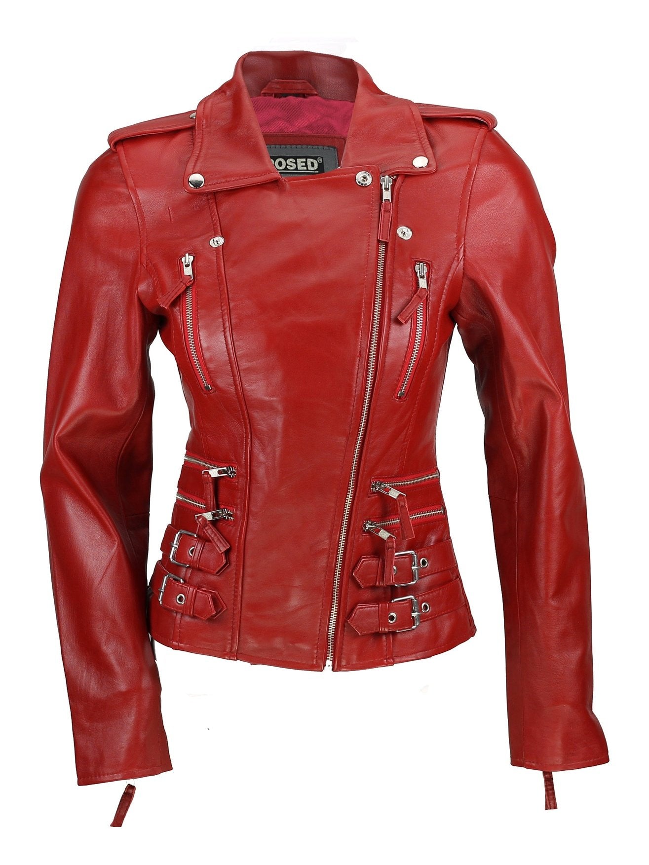 Red Real Leather Fitted Vintage Biker Style Zip Buckle Jacket