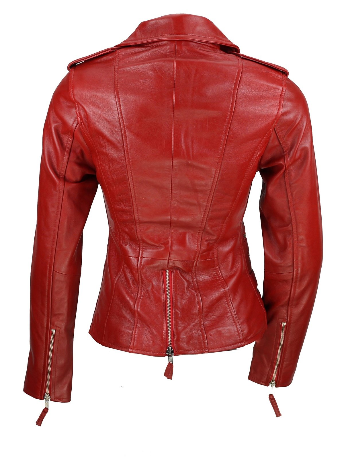 Red Real Leather Fitted Vintage Biker Style Zip Buckle Jacket