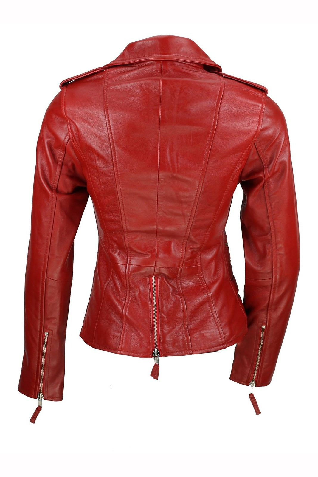 Red Real Leather Fitted Vintage Biker Style Zip Buckle Jacket