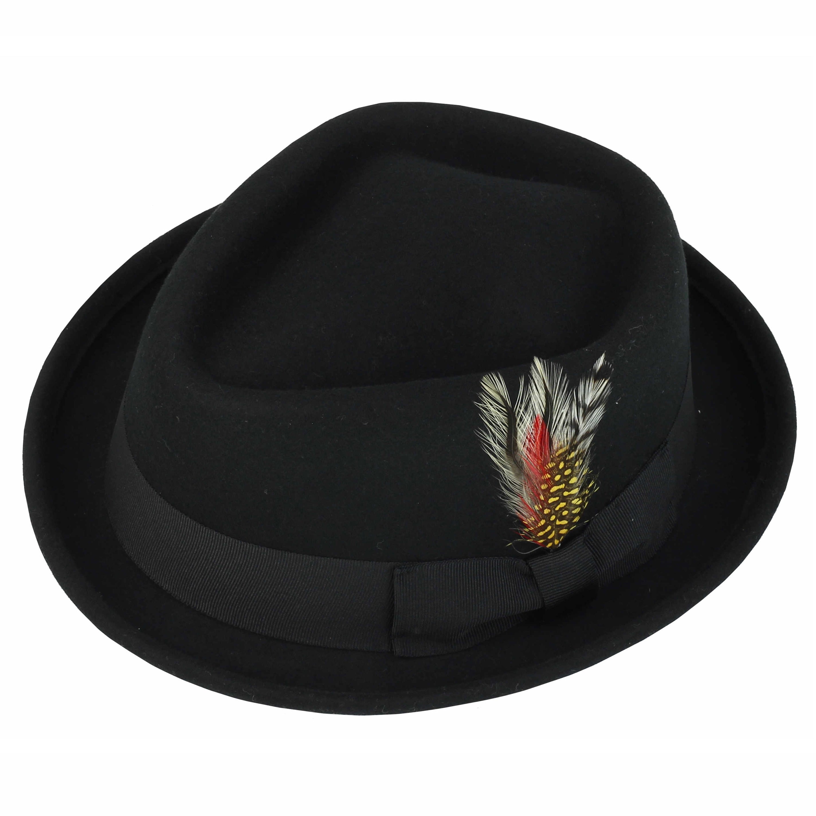 Pork Pie Black Hat 100% Wool Felt Diamond Shape Crown - DC-310