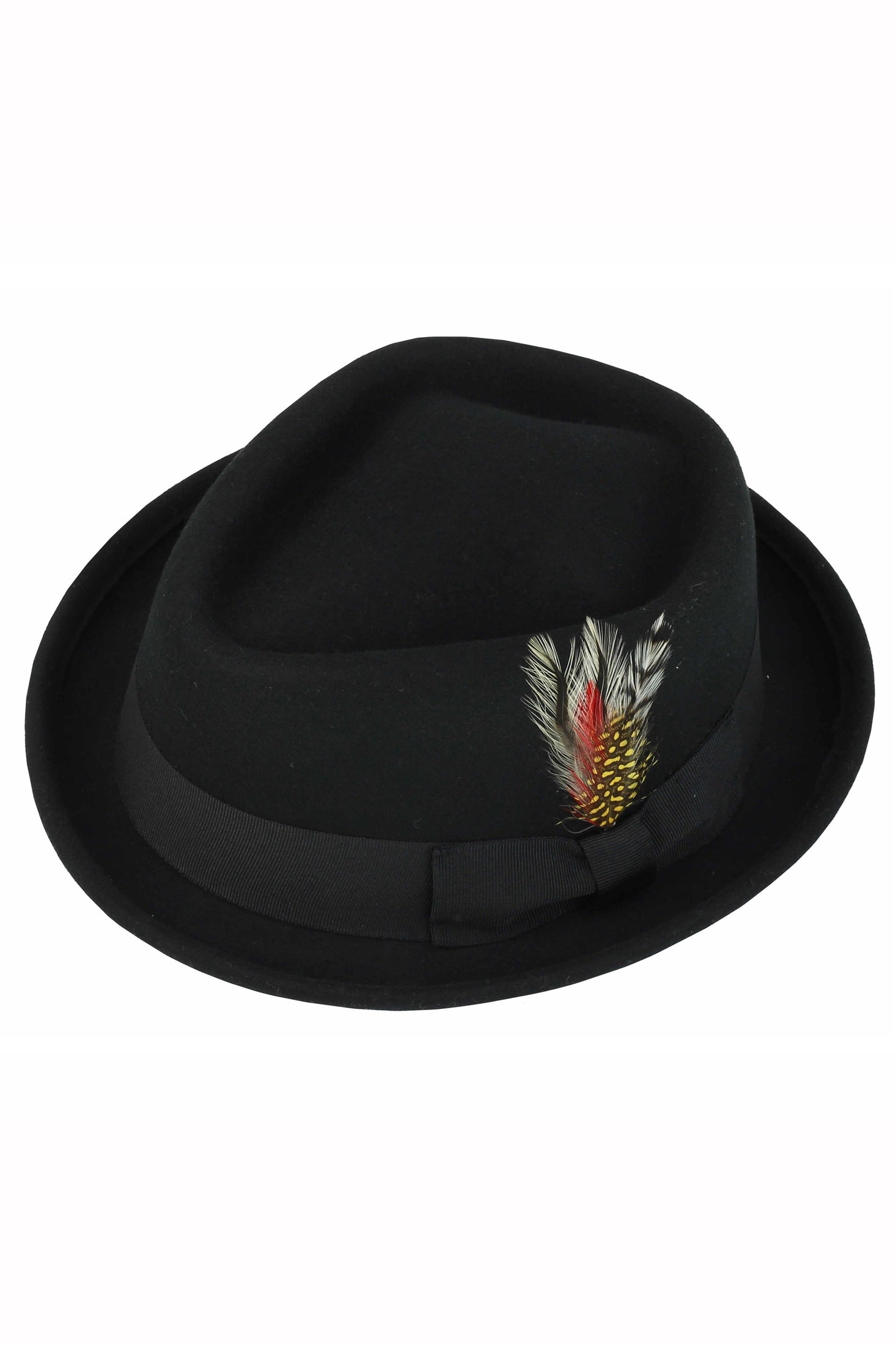 Pork Pie Black Hat 100% Wool Felt Diamond Shape Crown - DC-310