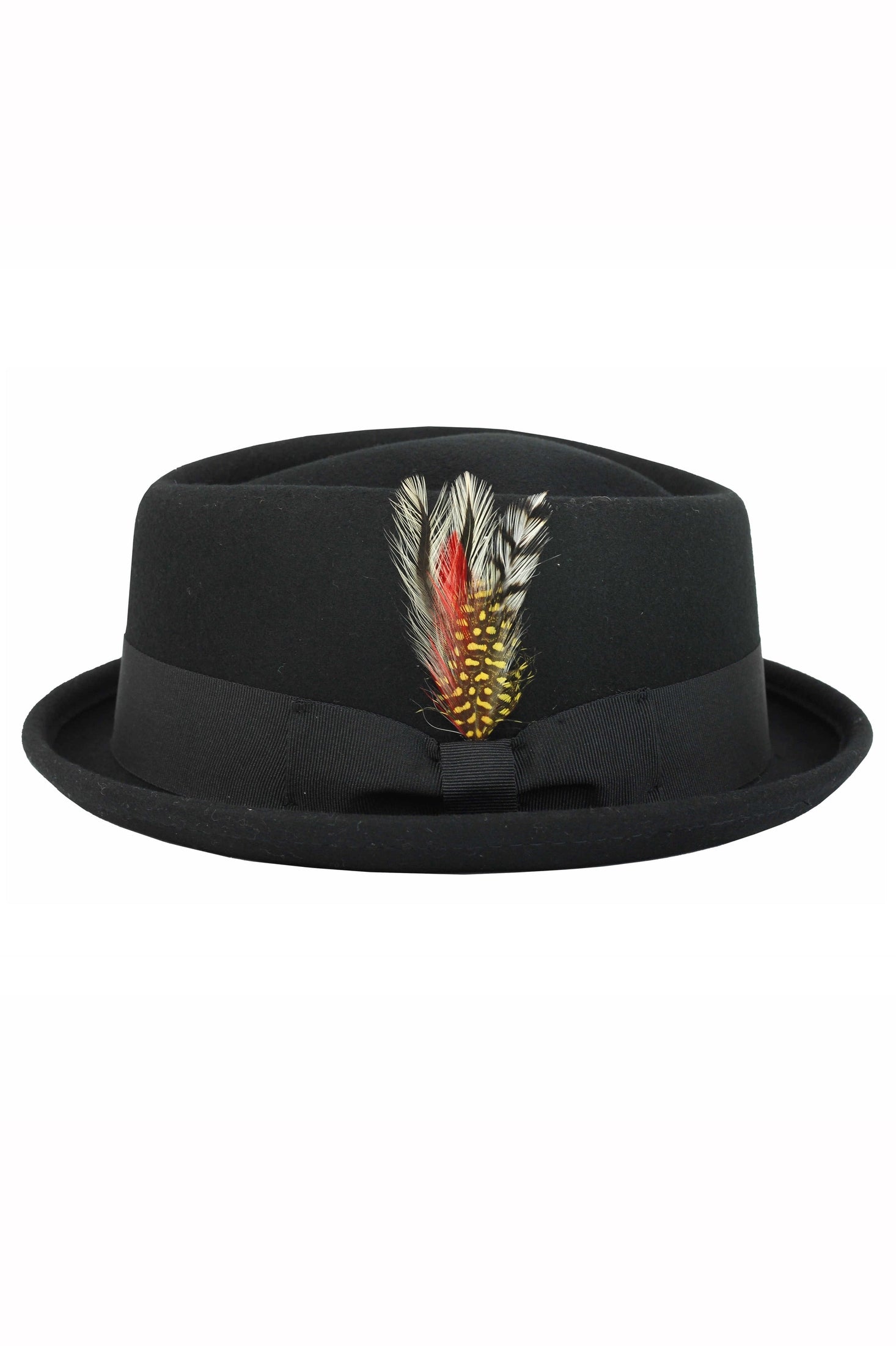 Pork Pie Black Hat 100% Wool Felt Diamond Shape Crown - DC-310
