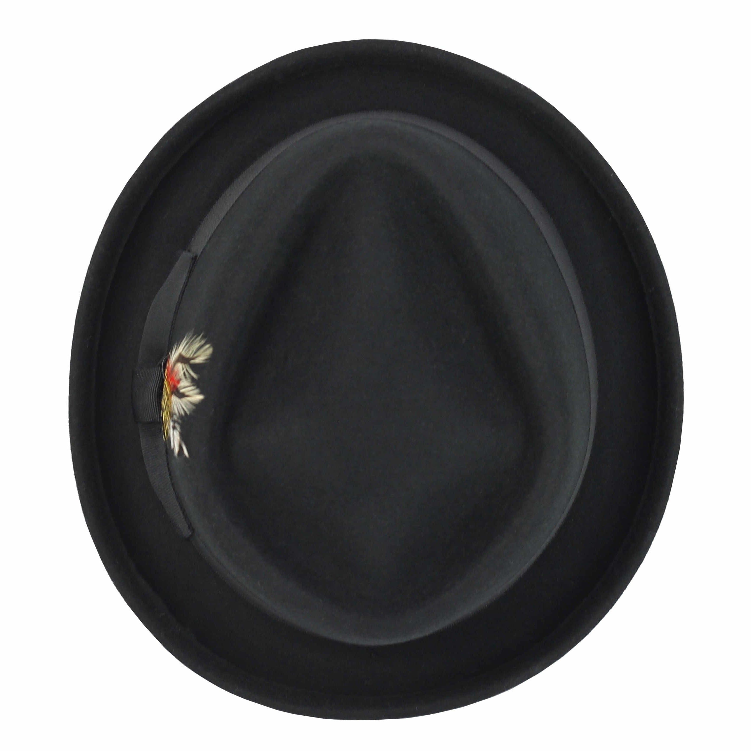 Pork Pie Black Hat 100% Wool Felt Diamond Shape Crown - DC-310