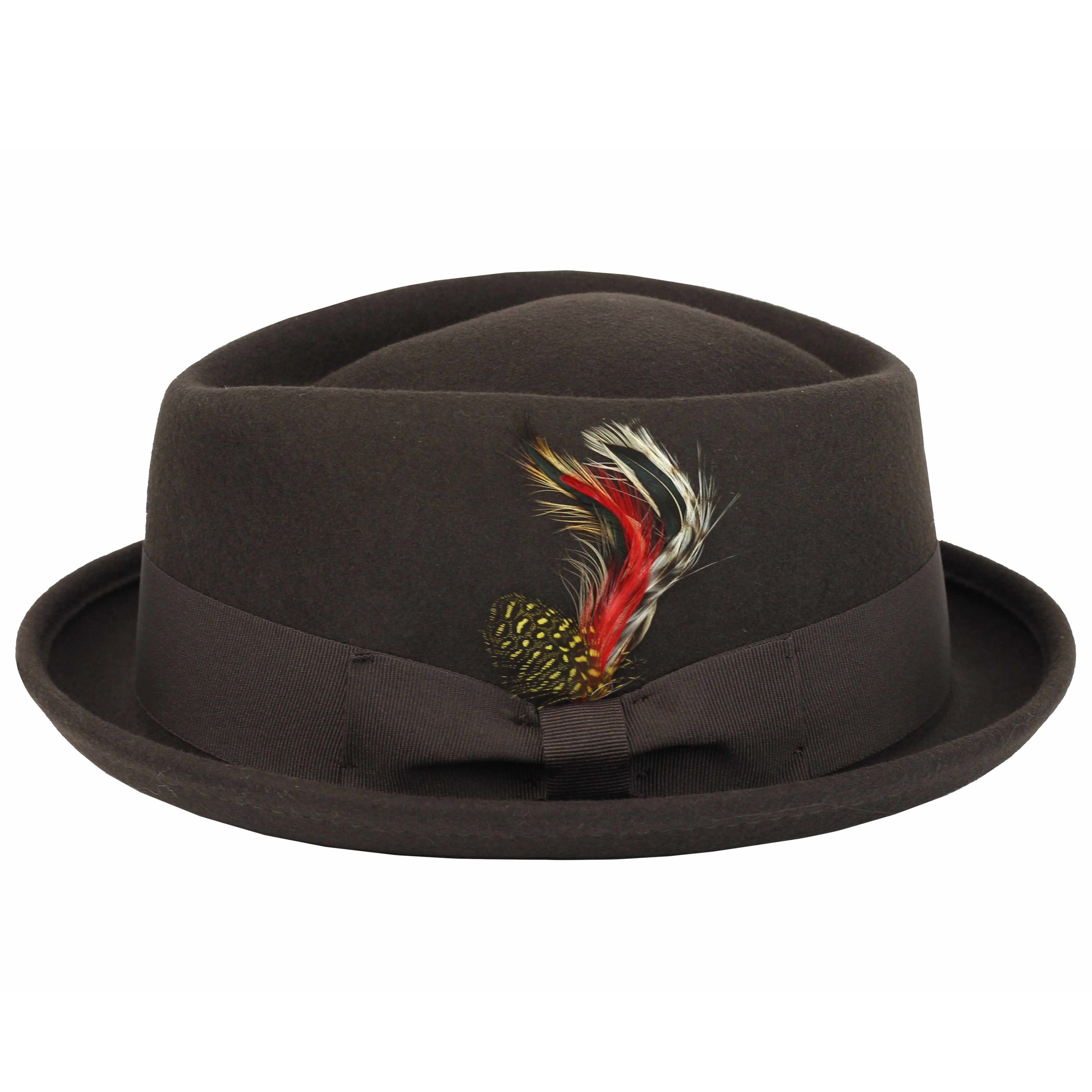 Pork Pie Brown Hat 100% Wool Felt Diamond Shape Crown - DC-310