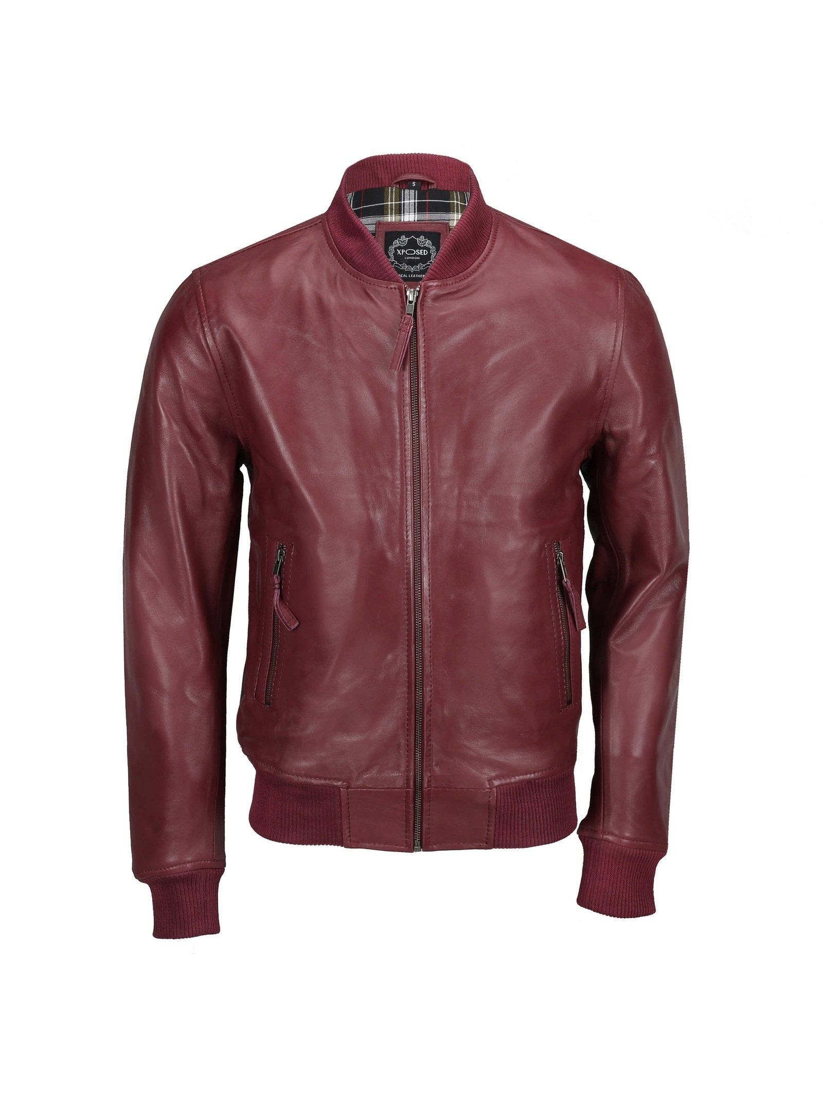 BOMBER NO COLLAR MAROON LEATHER JACKET