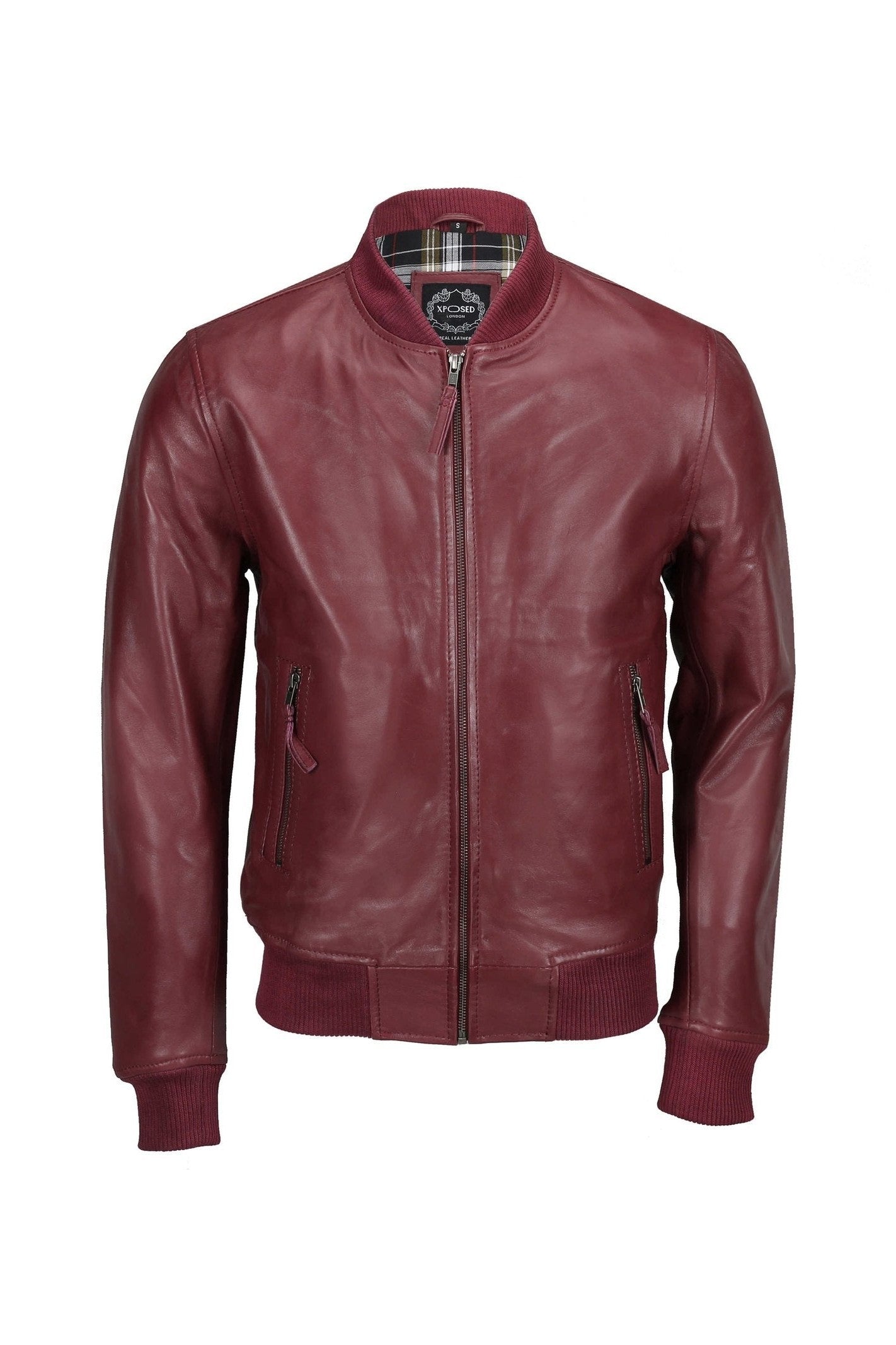 BOMBER NO COLLAR MAROON LEATHER JACKET