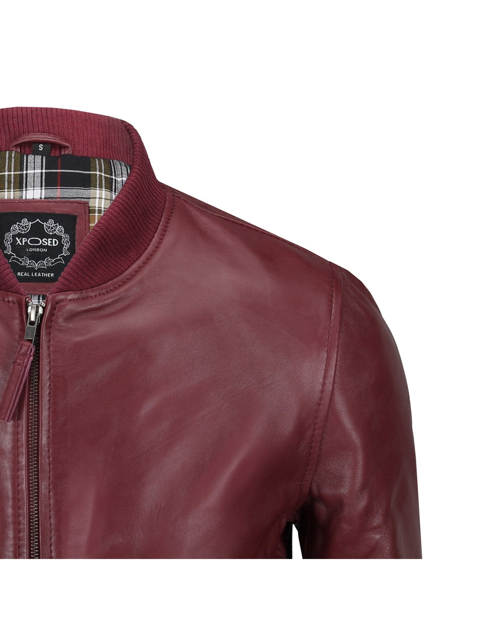 BOMBER NO COLLAR MAROON LEATHER JACKET
