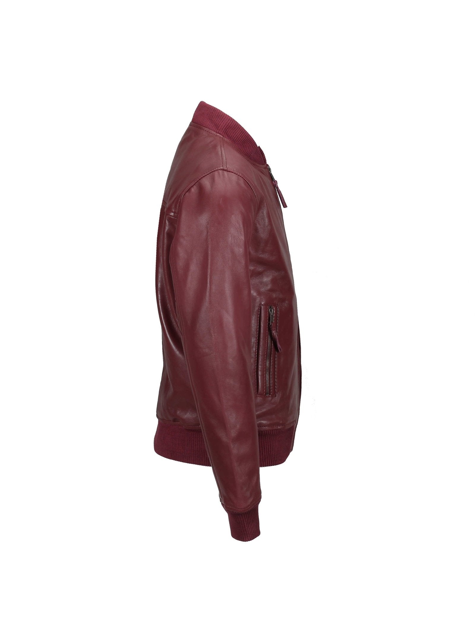BOMBER NO COLLAR MAROON LEATHER JACKET