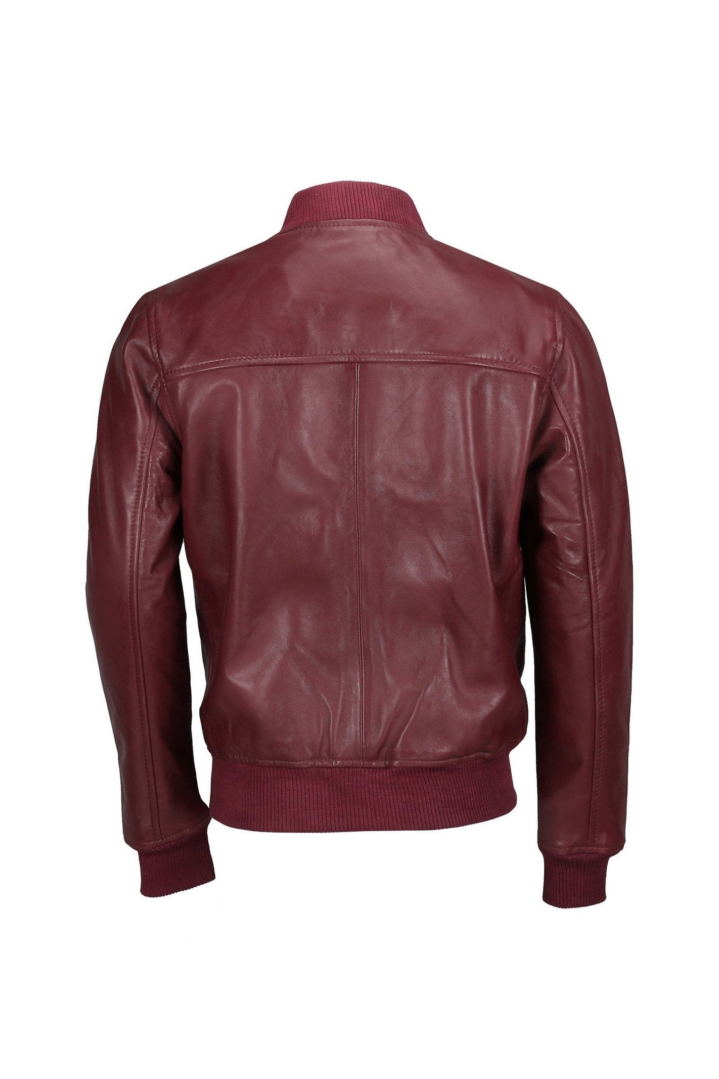 BOMBER NO COLLAR MAROON LEATHER JACKET