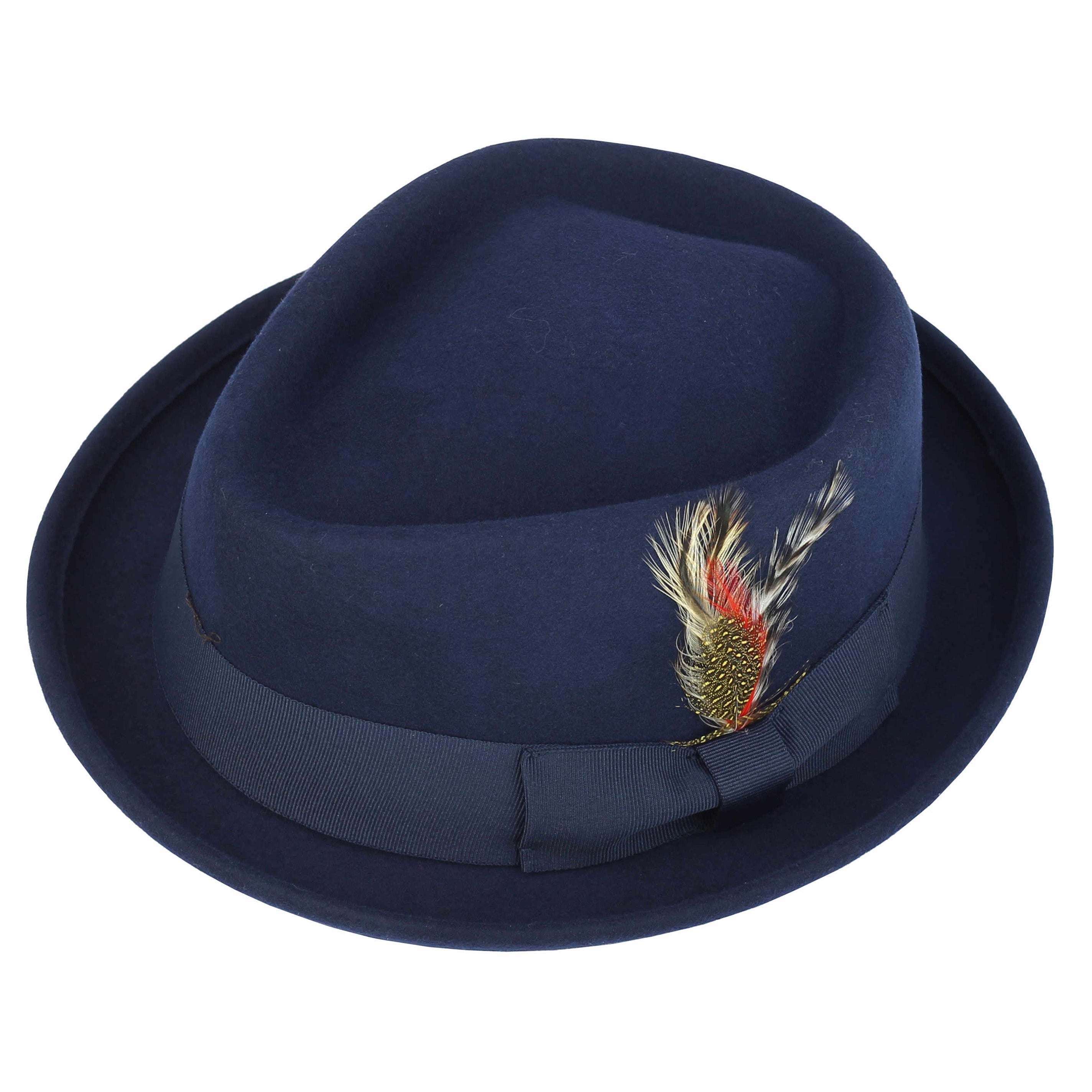 Pork Pie Navy Hat 100% Wool Felt Diamond Shape Crown