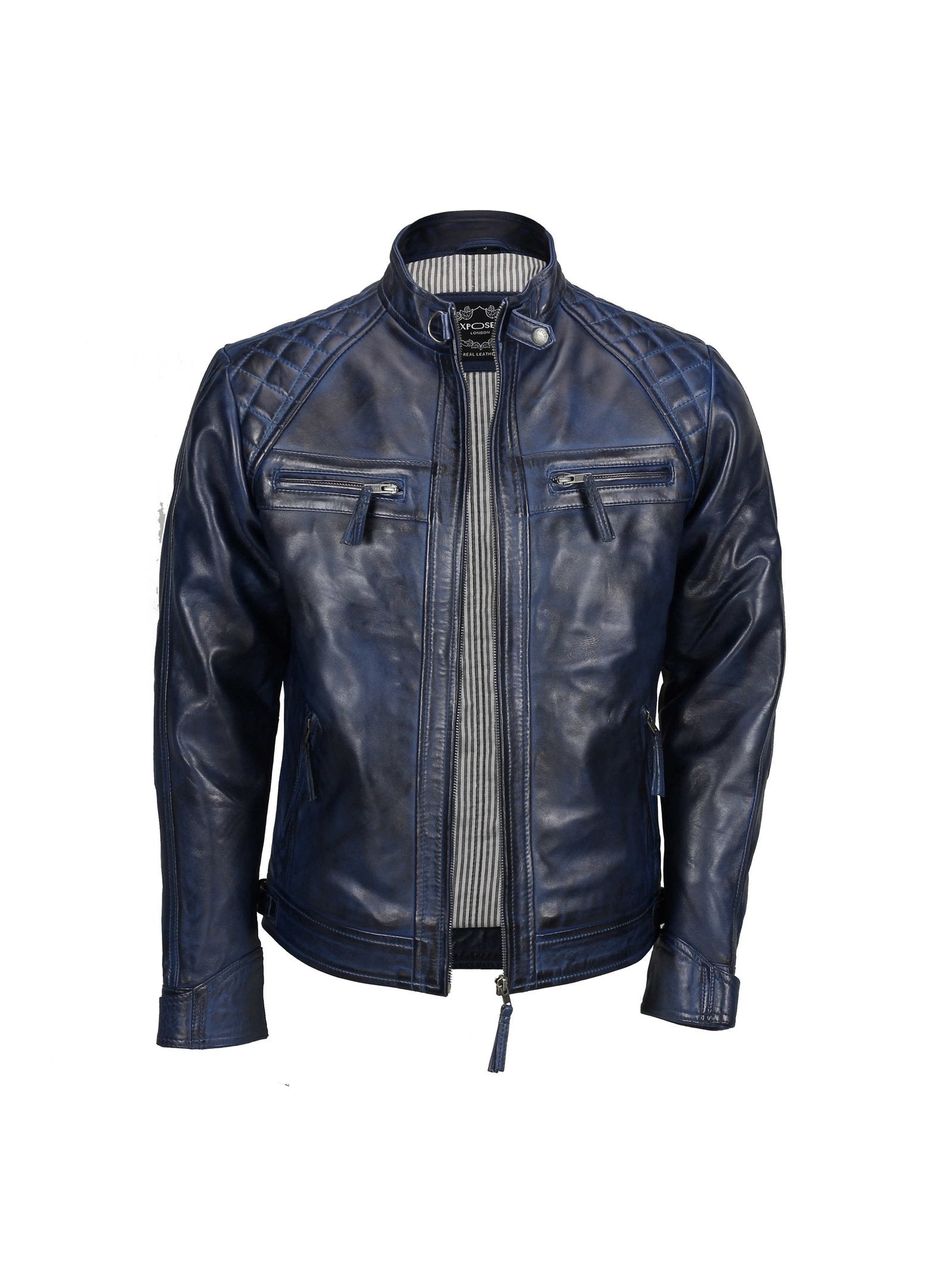 QUILTED BLUE BIKER LEATHER JACKET