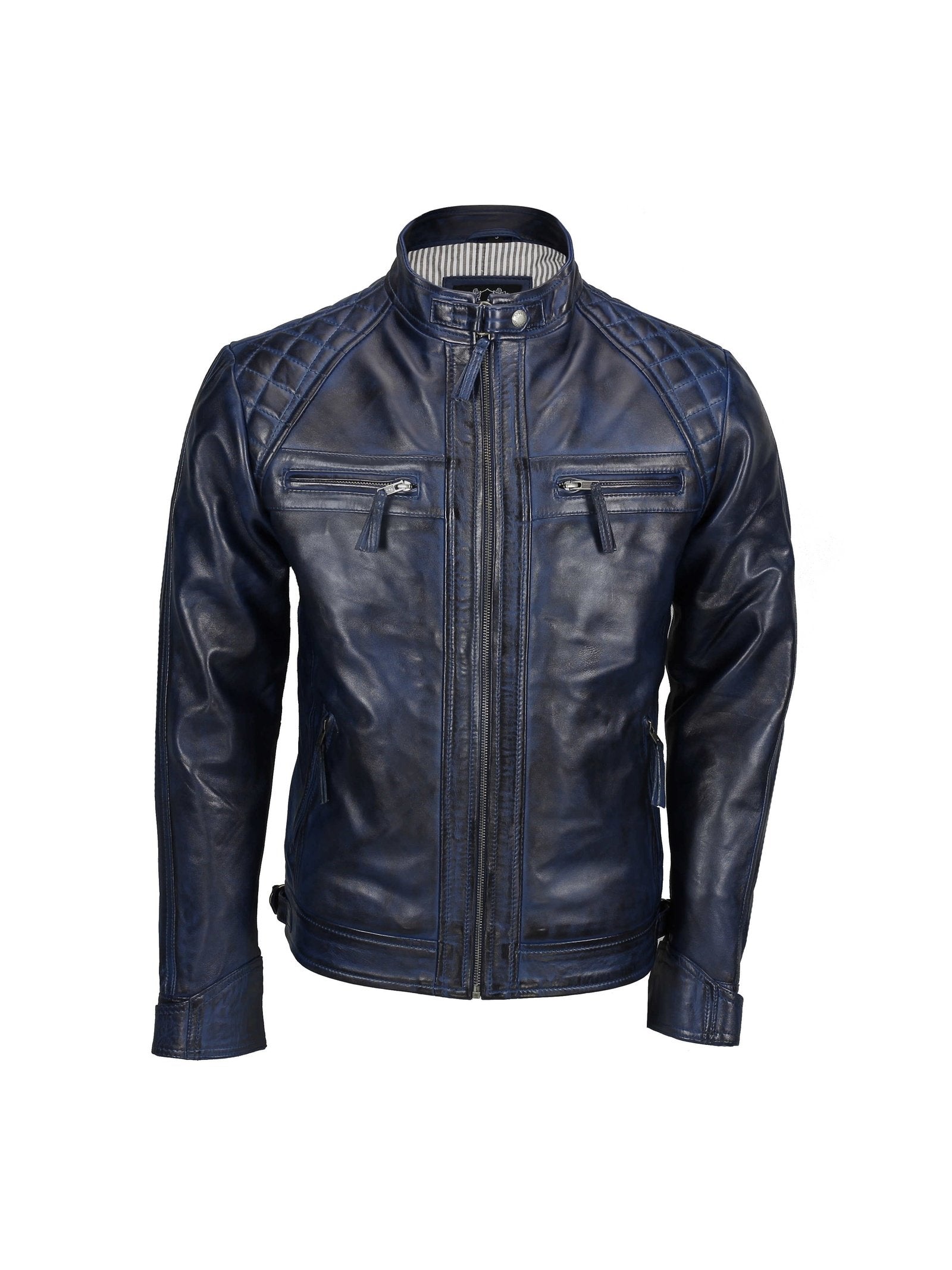 QUILTED BLUE BIKER LEATHER JACKET
