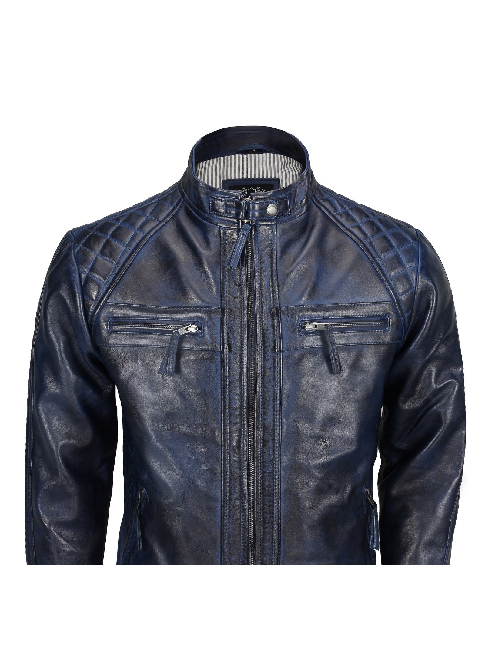 QUILTED BLUE BIKER LEATHER JACKET