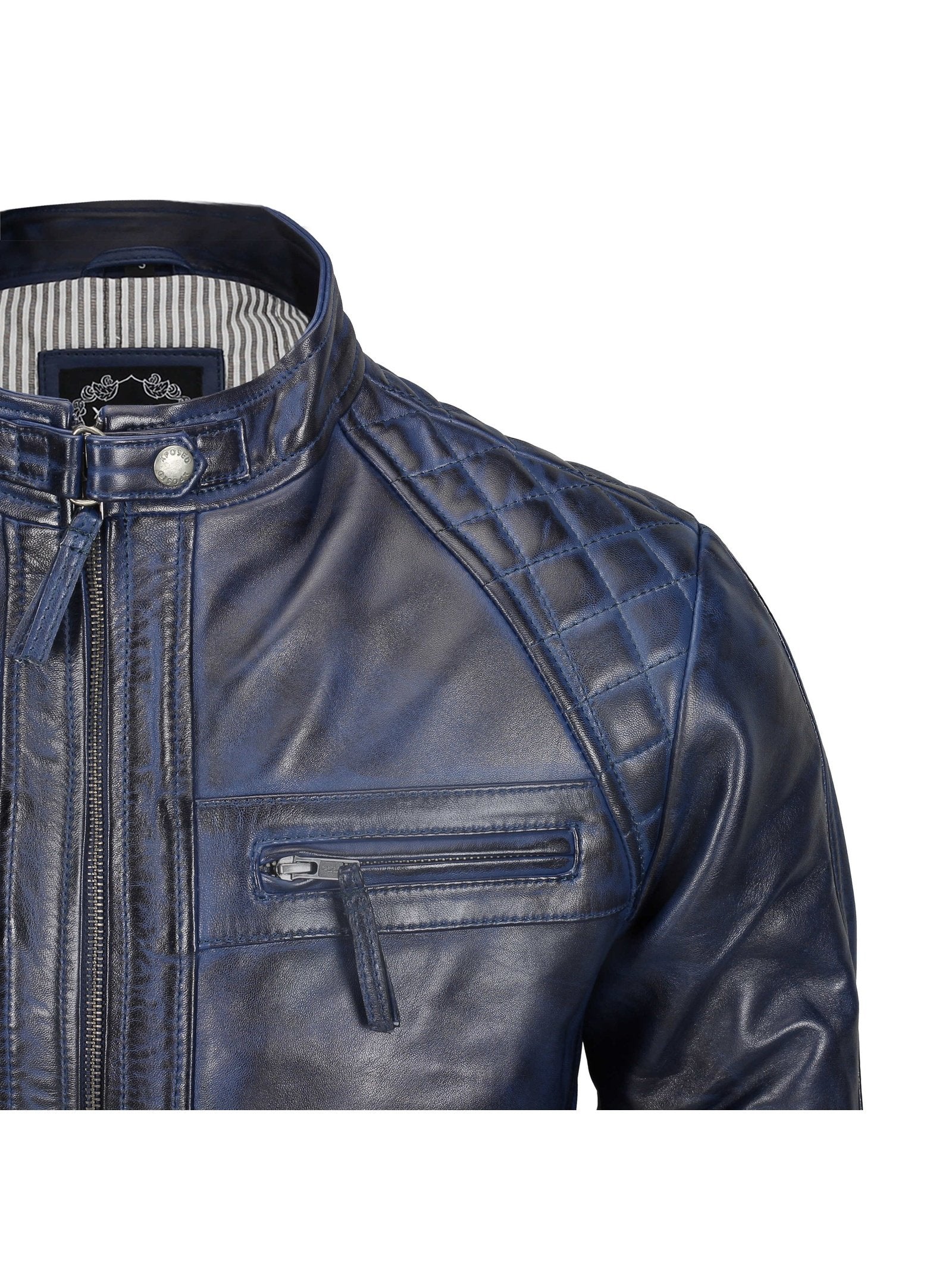 QUILTED BLUE BIKER LEATHER JACKET