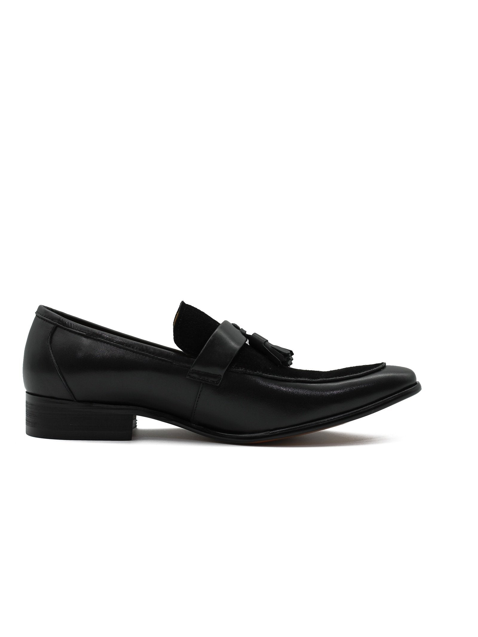 BLACK LEATHER & SUEDE TASSEL LOAFER