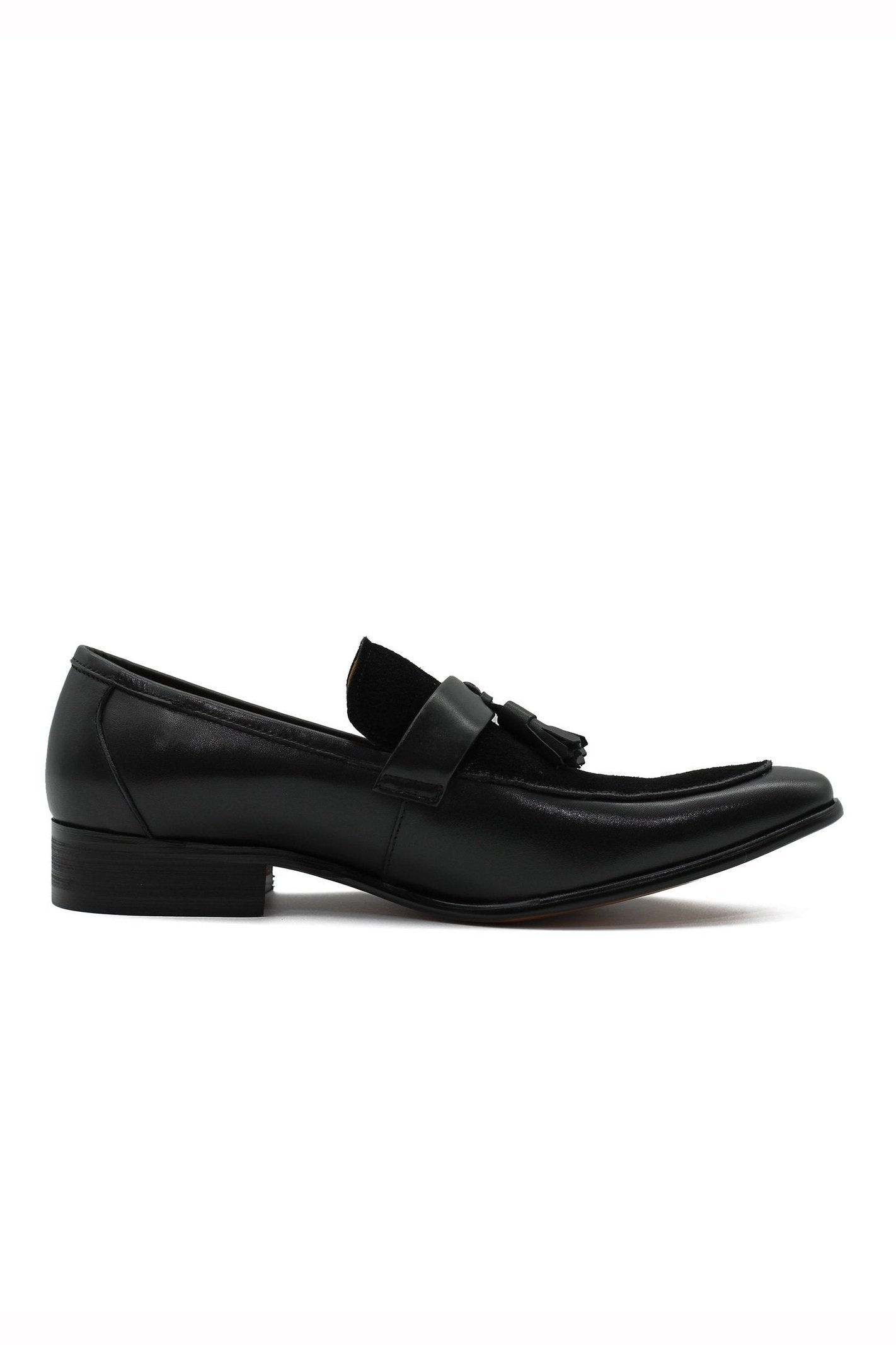 BLACK LEATHER & SUEDE TASSEL LOAFER