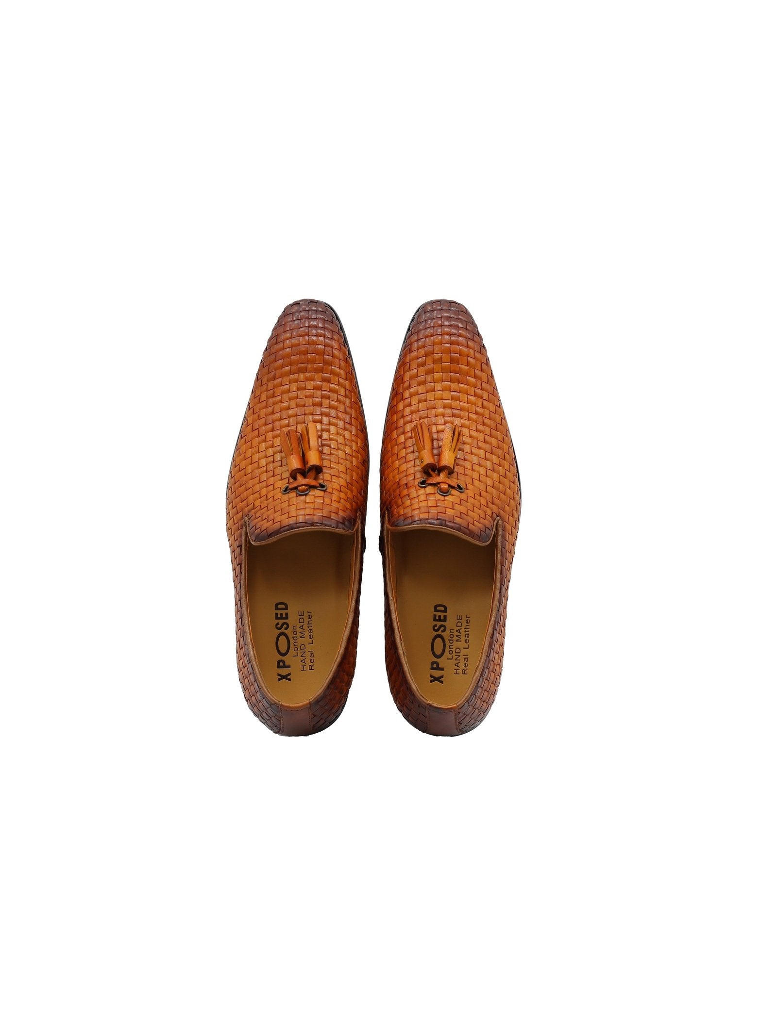 TAN WOVEN LEATHER TASSEL LOAFERS