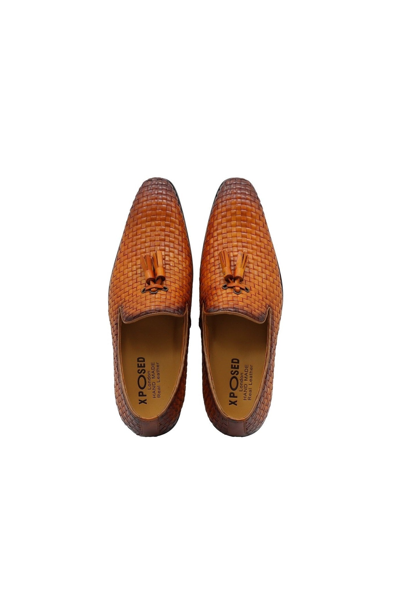 TAN WOVEN LEATHER TASSEL LOAFERS