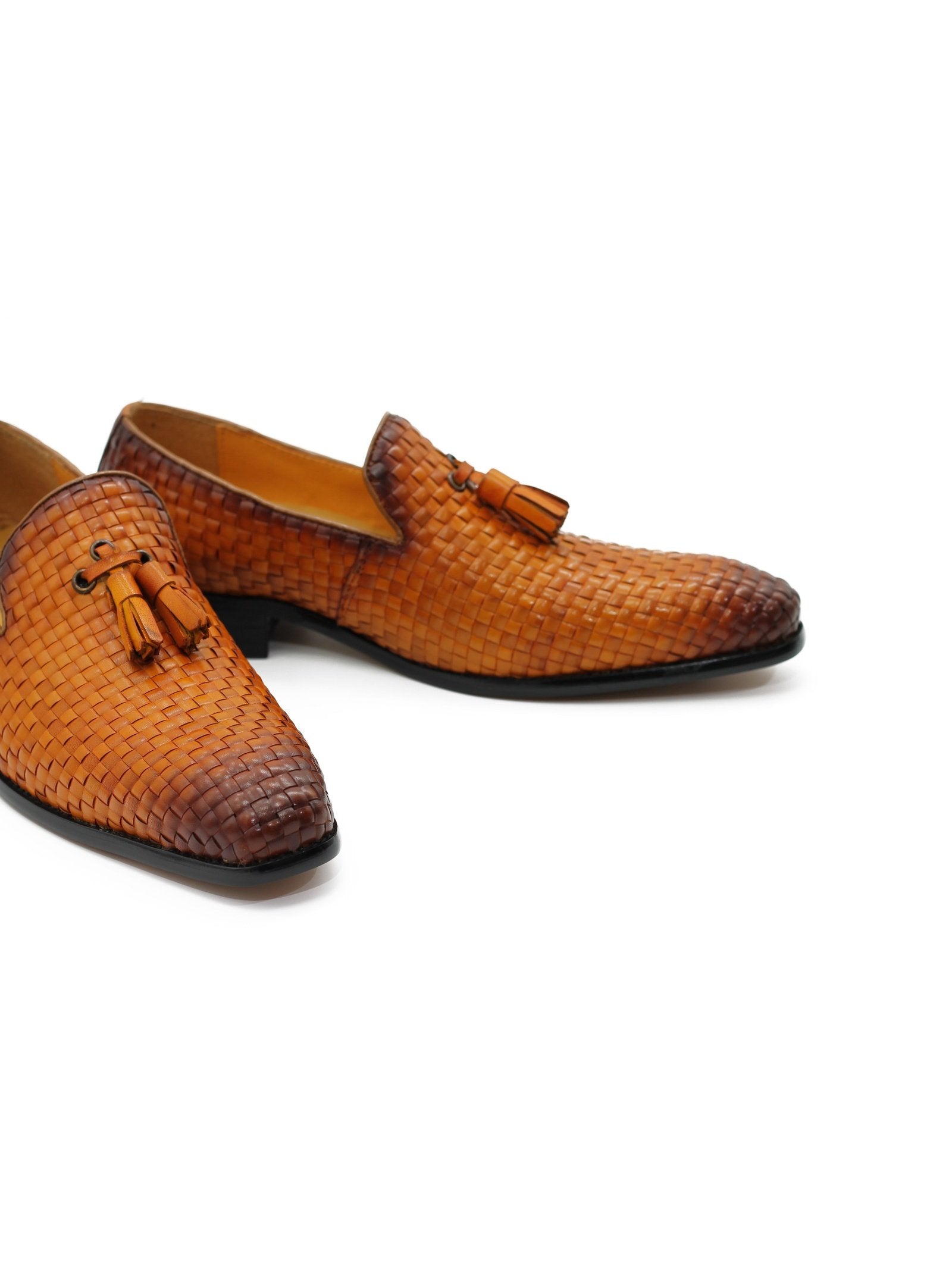 TAN WOVEN LEATHER TASSEL LOAFERS
