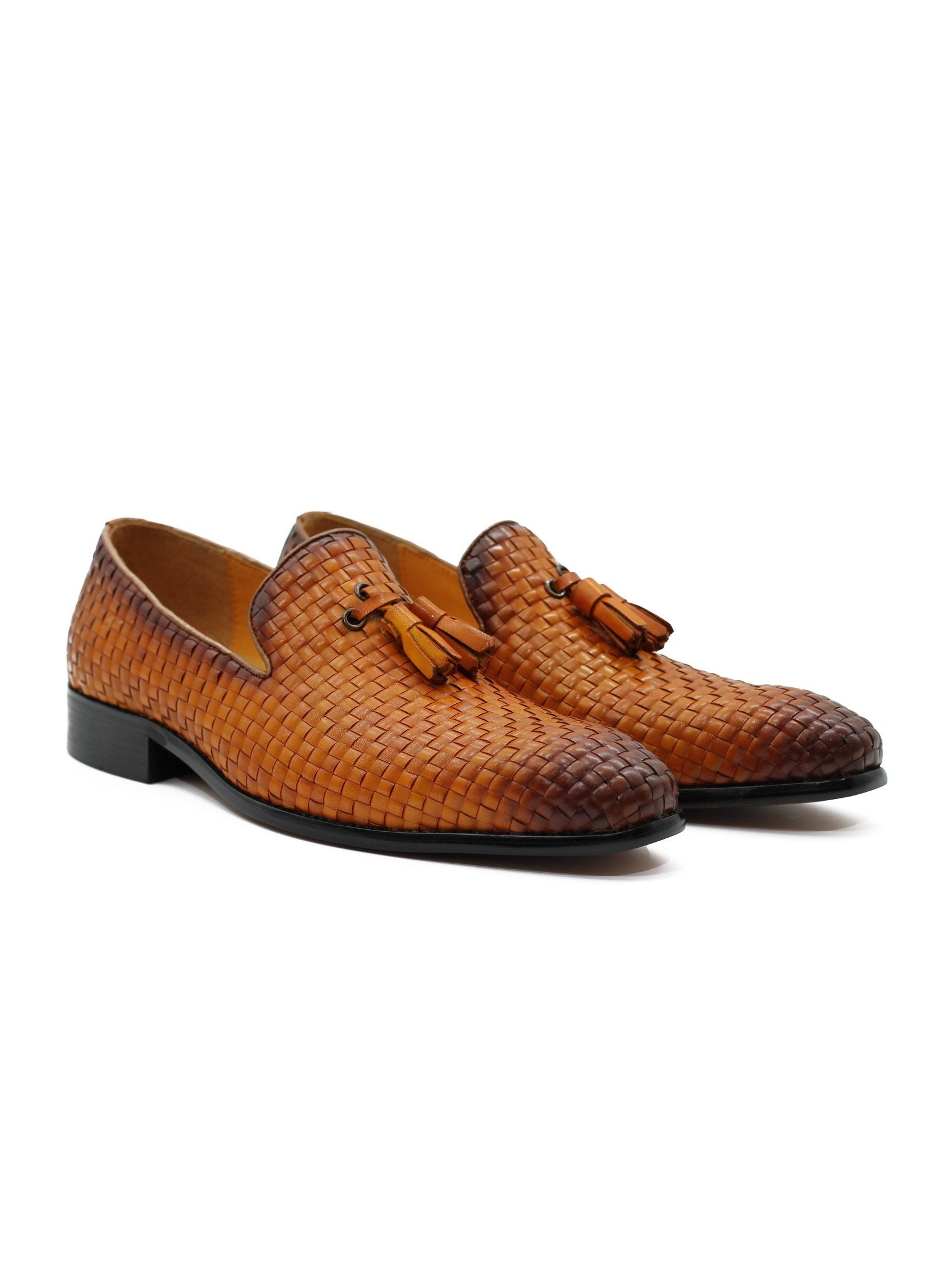 TAN WOVEN LEATHER TASSEL LOAFERS