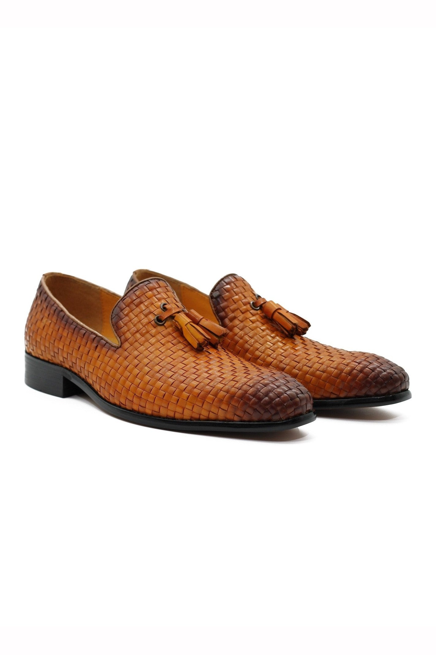 TAN WOVEN LEATHER TASSEL LOAFERS