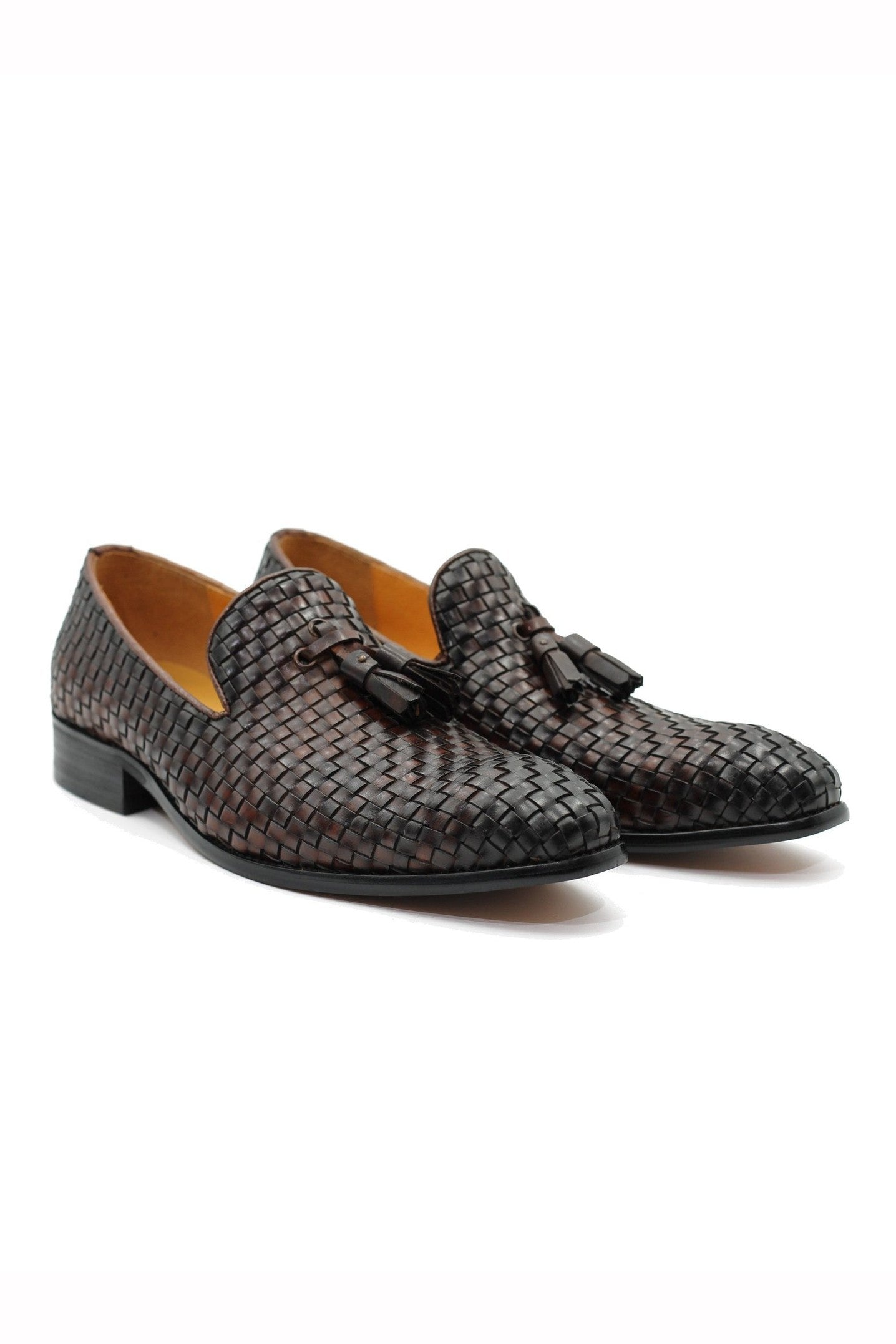 BROWN WOVEN LEATHER TASSEL LOAFERS