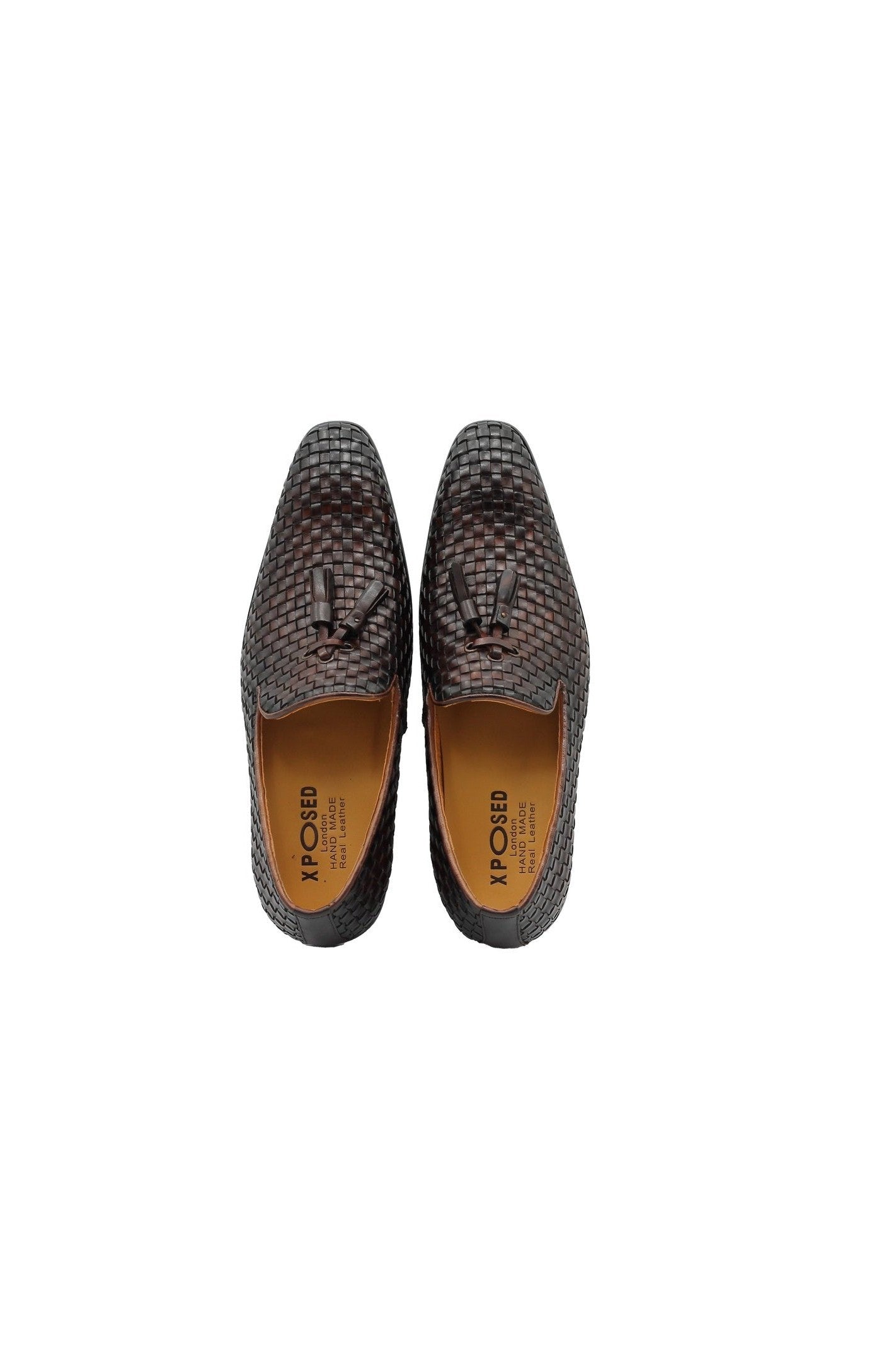 BROWN WOVEN LEATHER TASSEL LOAFERS