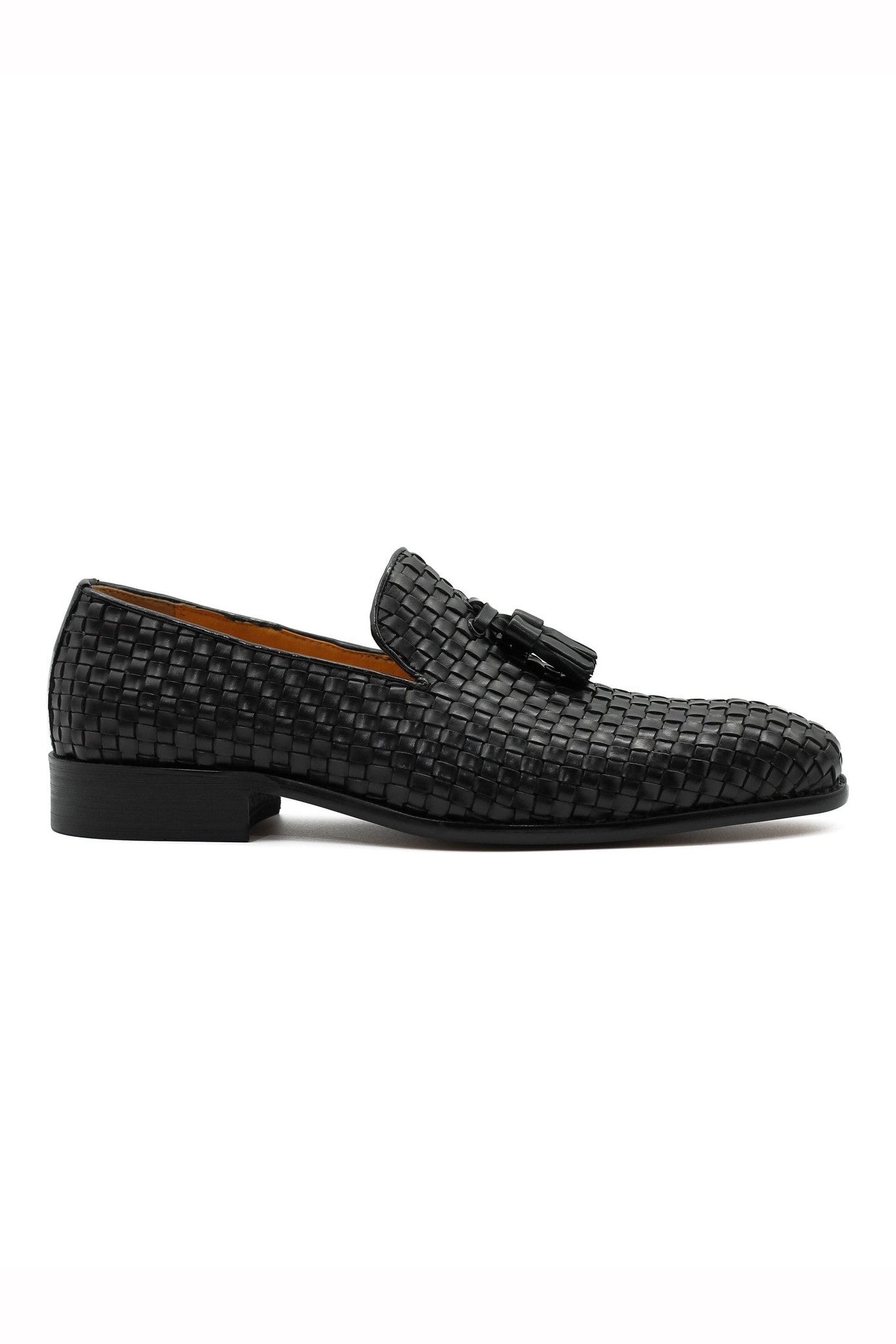 BLACK WOVEN LEATHER TASSEL LOAFERS