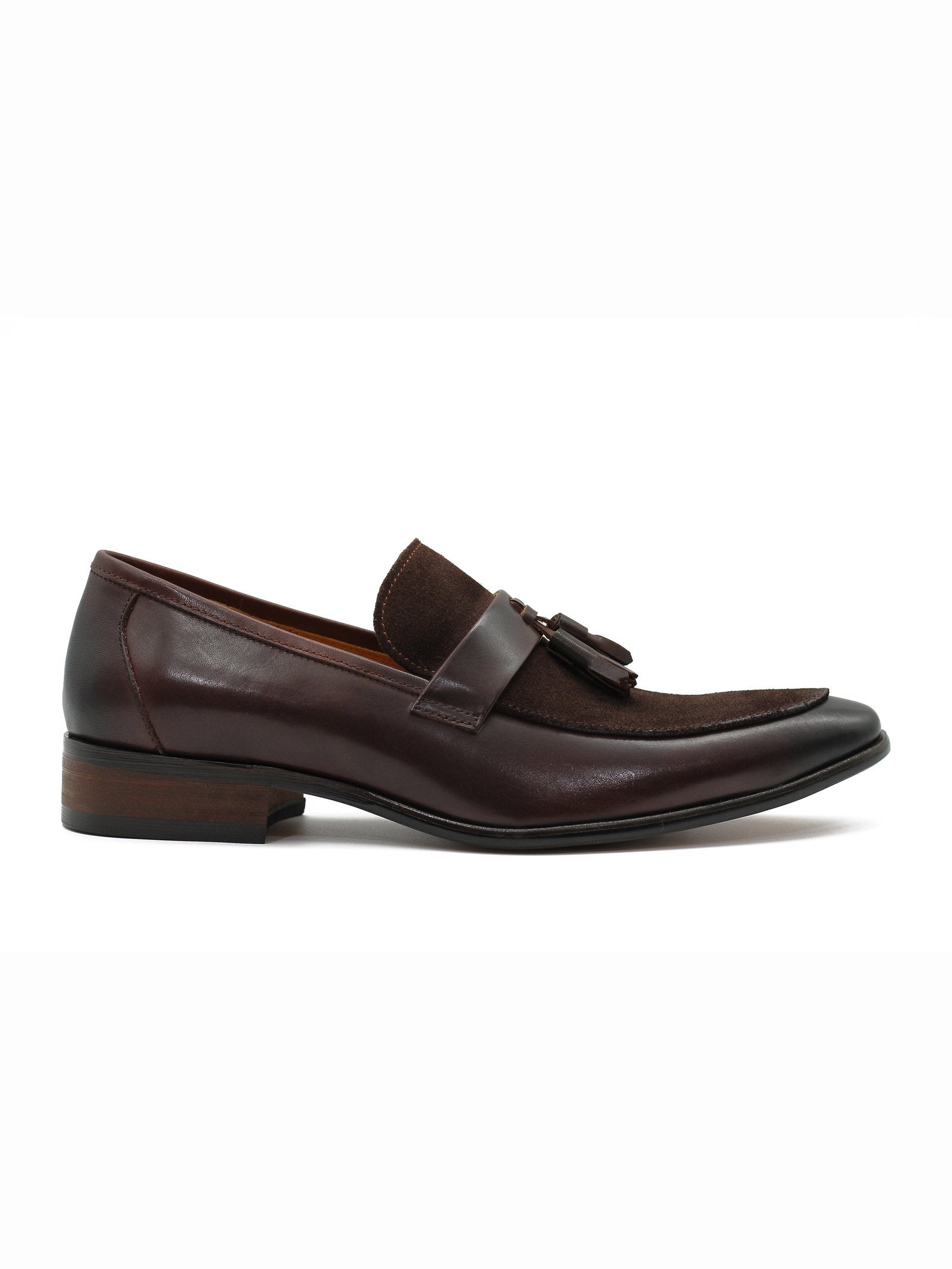 COFFEE LEATHER & SUEDE TASSEL LOAFER