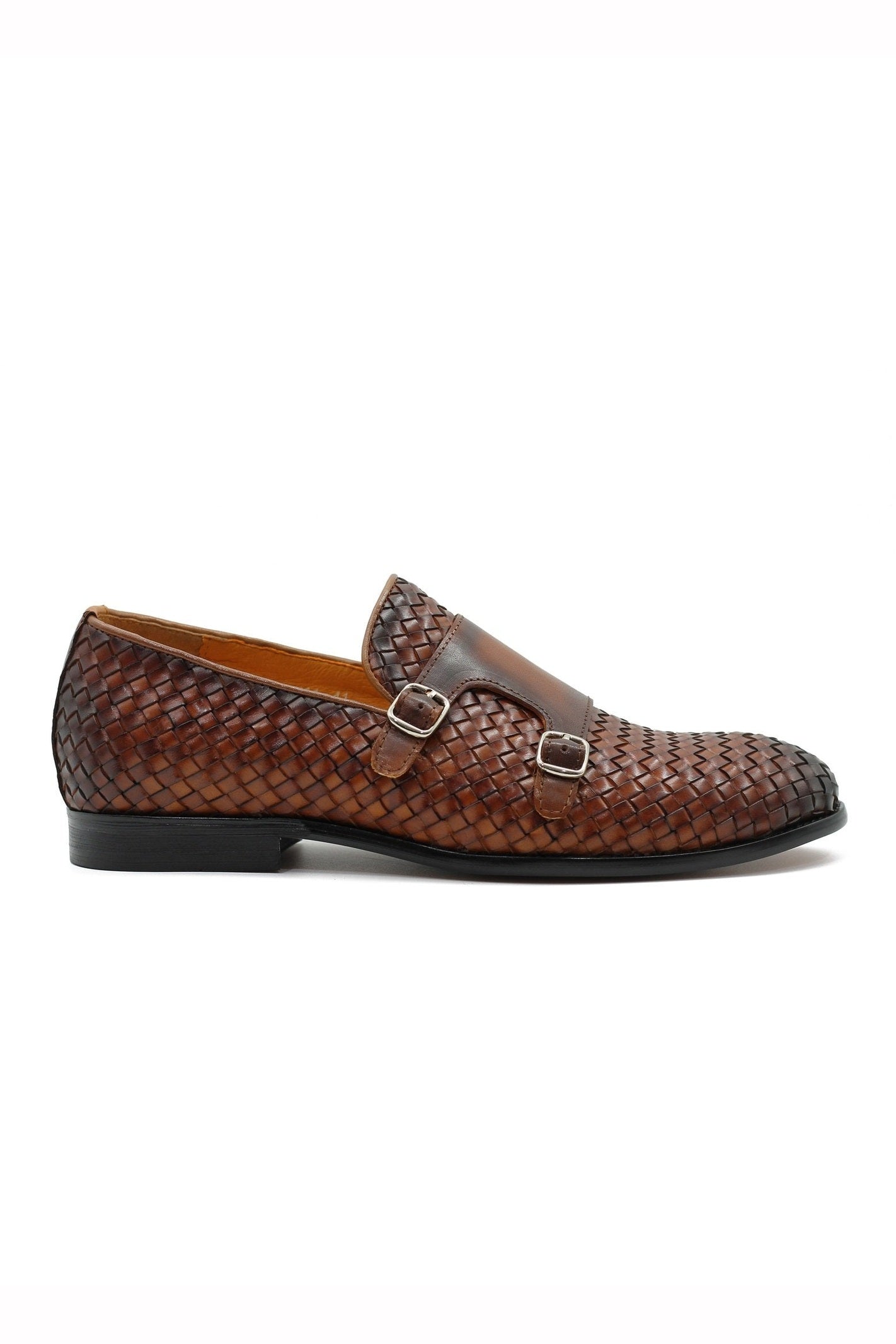 BROWN WOVEN LEATHER DOUBLE MONK SHOES