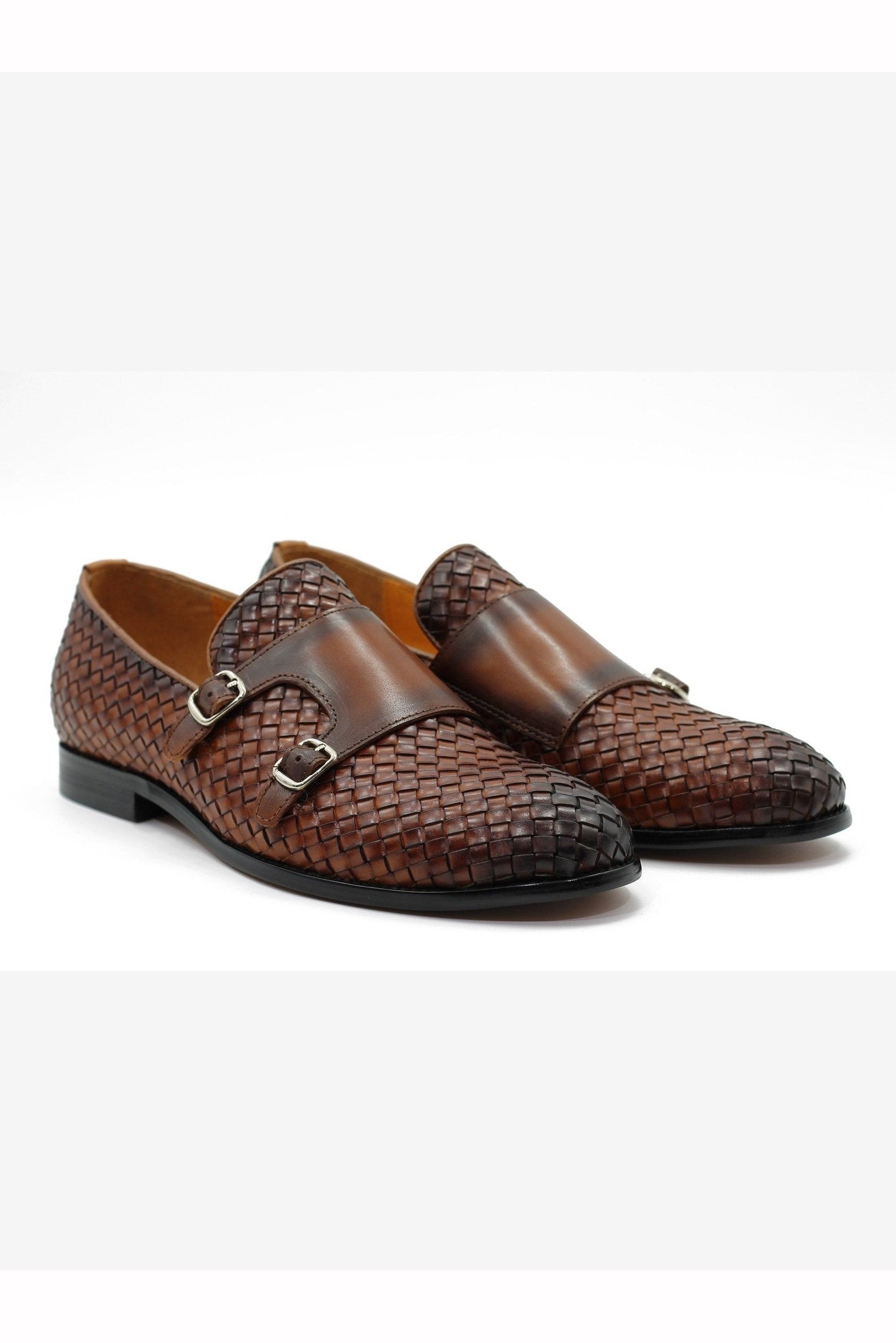BROWN WOVEN LEATHER DOUBLE MONK SHOES